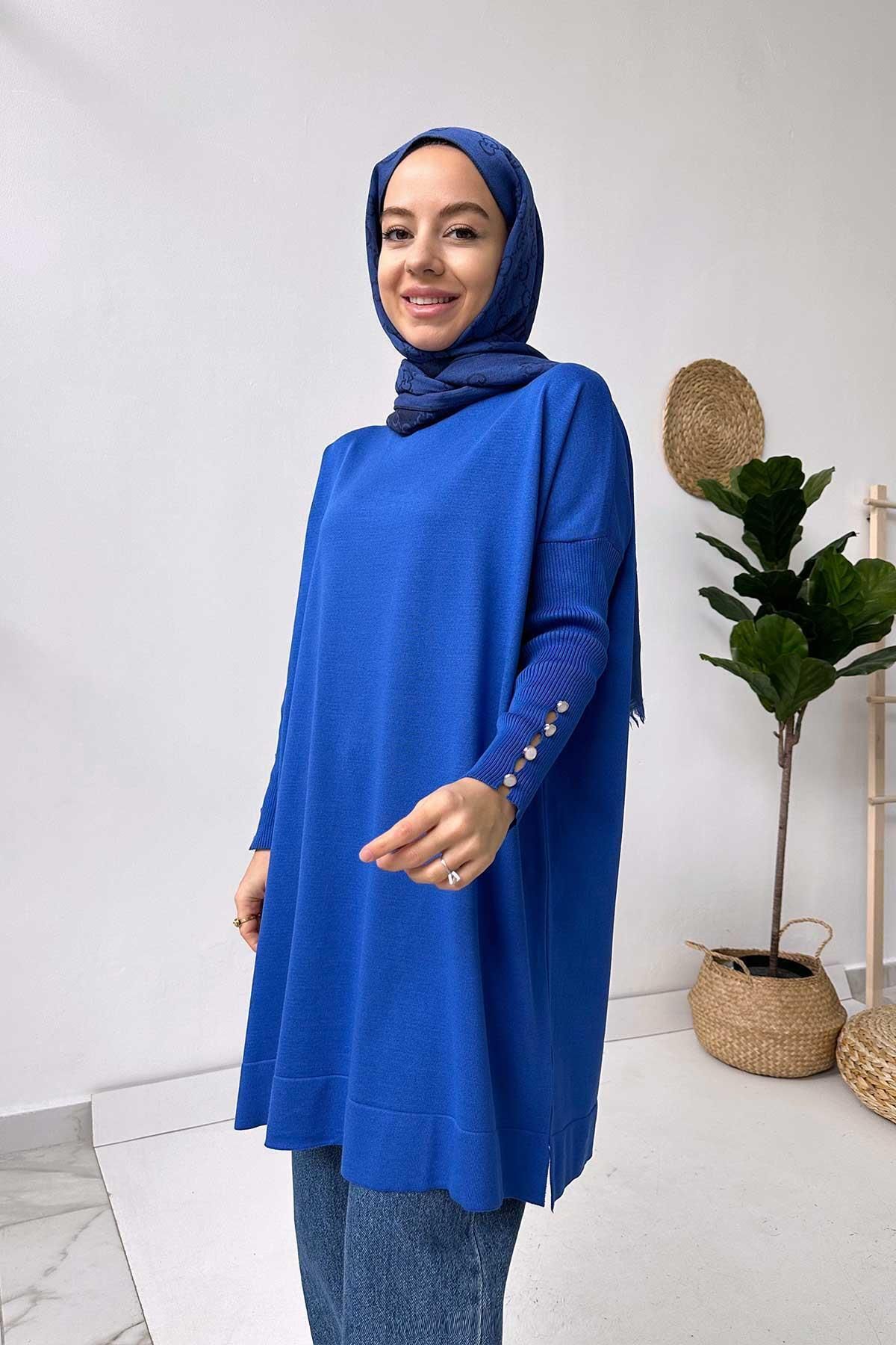 Ka Hijab Kol Detay Merserize Tunik - Saks Mavi
