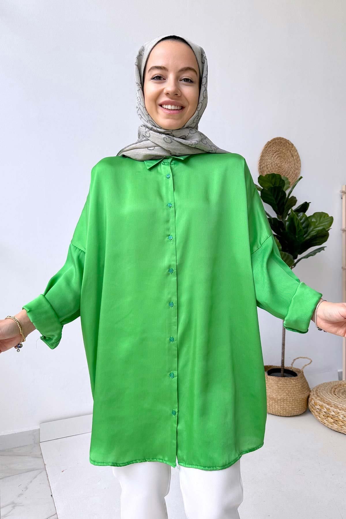 Ka Hijab Oversize Tesettür Saten Gömlek - Yeşil