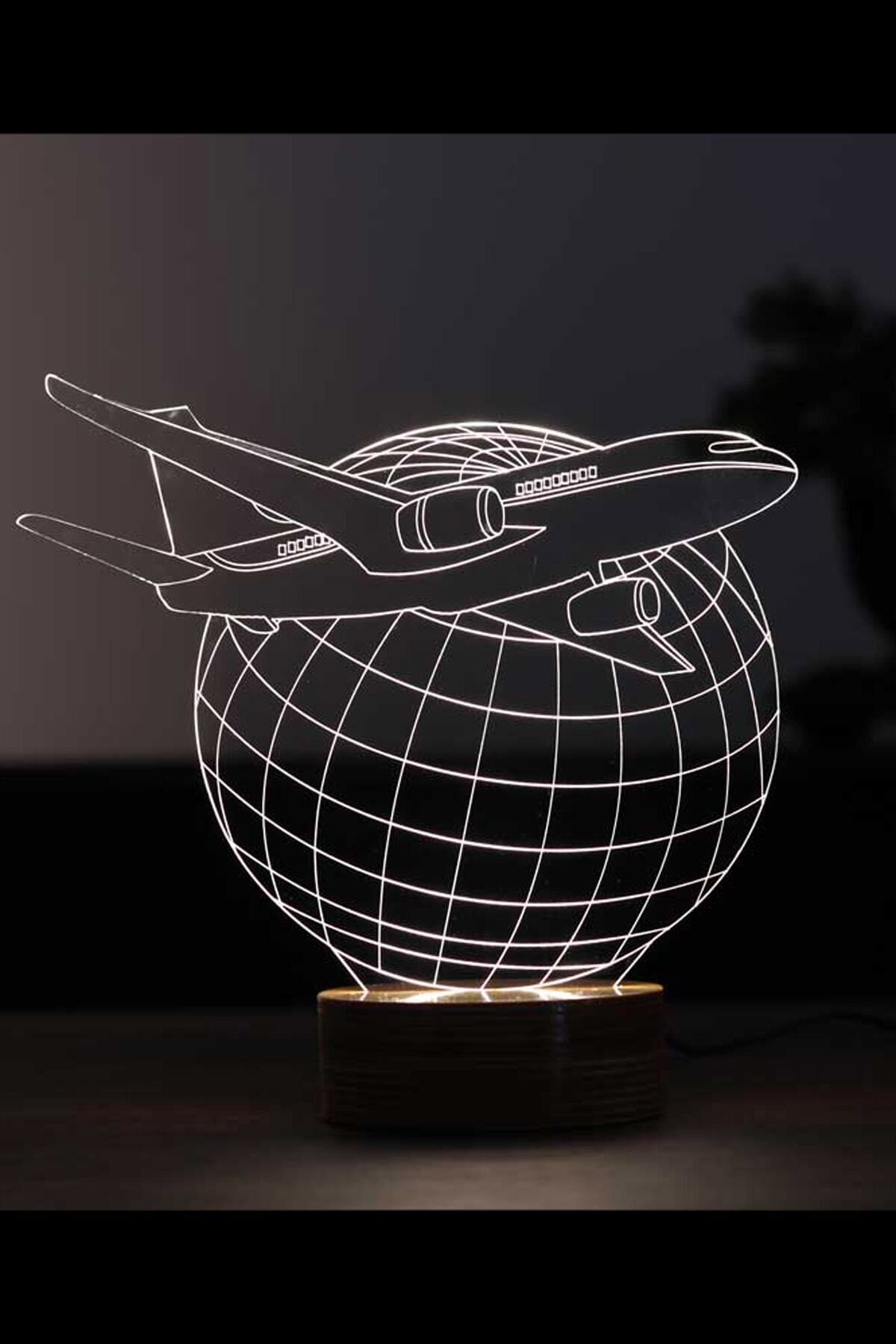 BY-LAMP Uçak Figürlü Dekoratif Hediye Led Masa Lambası | 7 Işık Rengi | Ahşap Taban