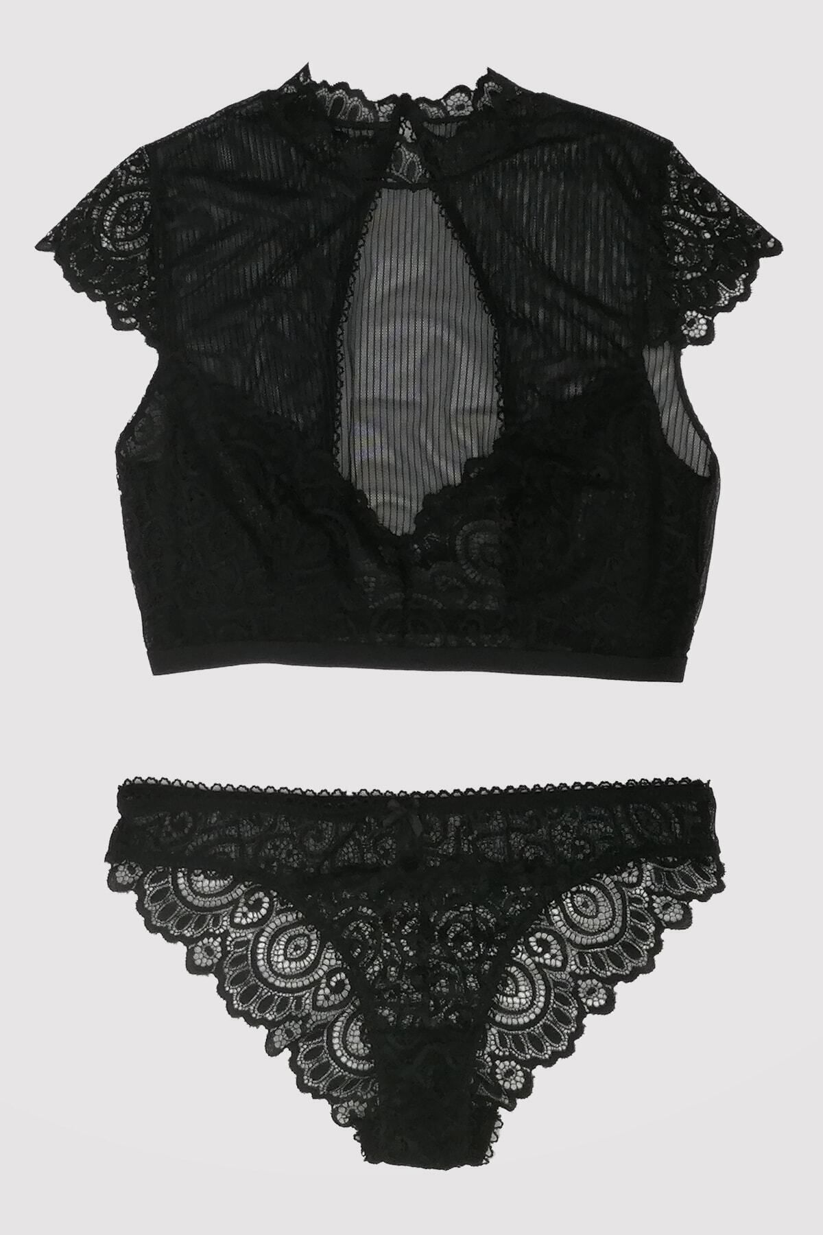 Pierre Cardin Kadın Siyah 4743 Kapsız Dantelli Transparan Büstiyer Takım / Iç Giyim Takımı