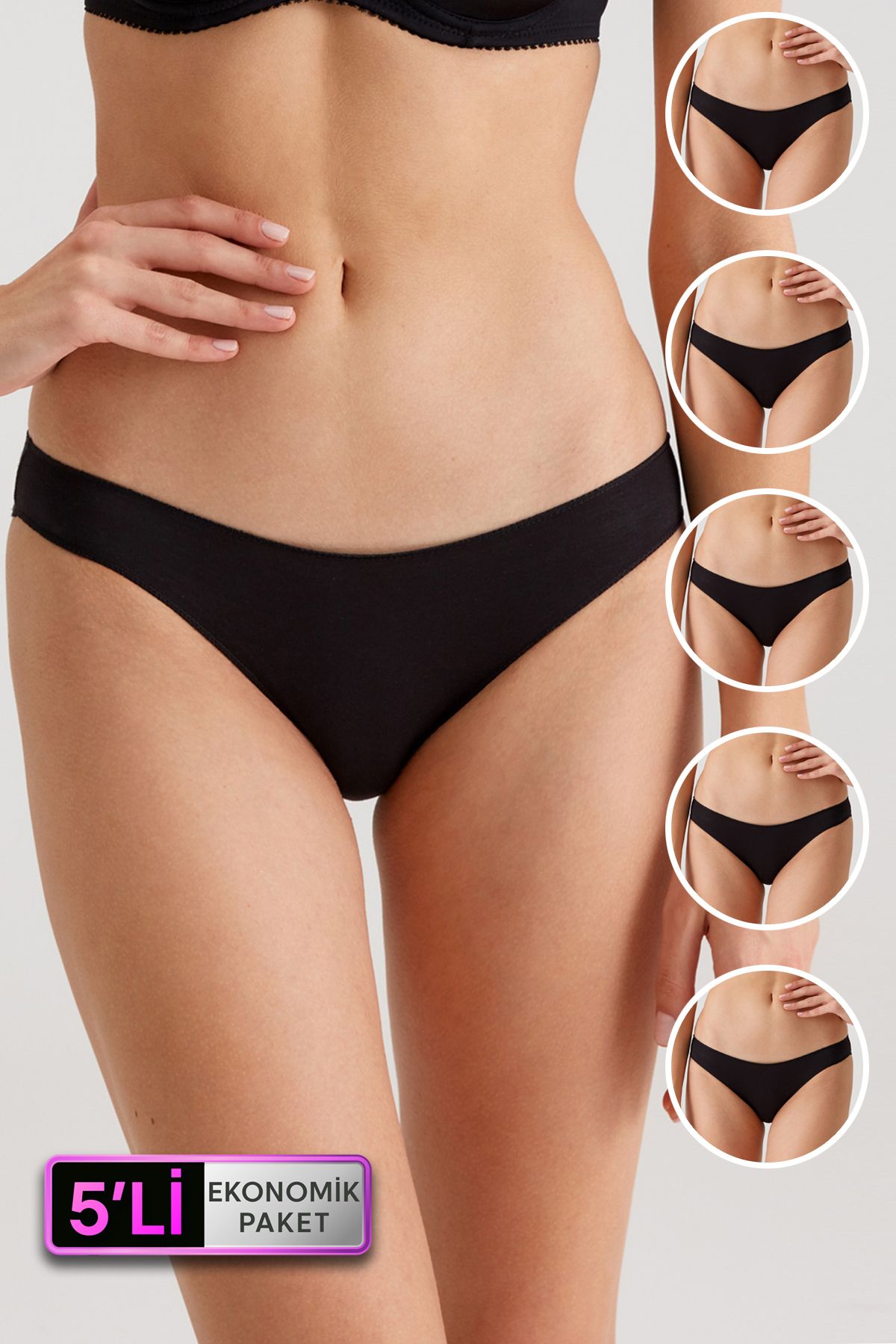 Pierre Cardin Kadın 5'li Ekonomik Paket Siyah 2050 No Show Pamuklu Bikini Slip