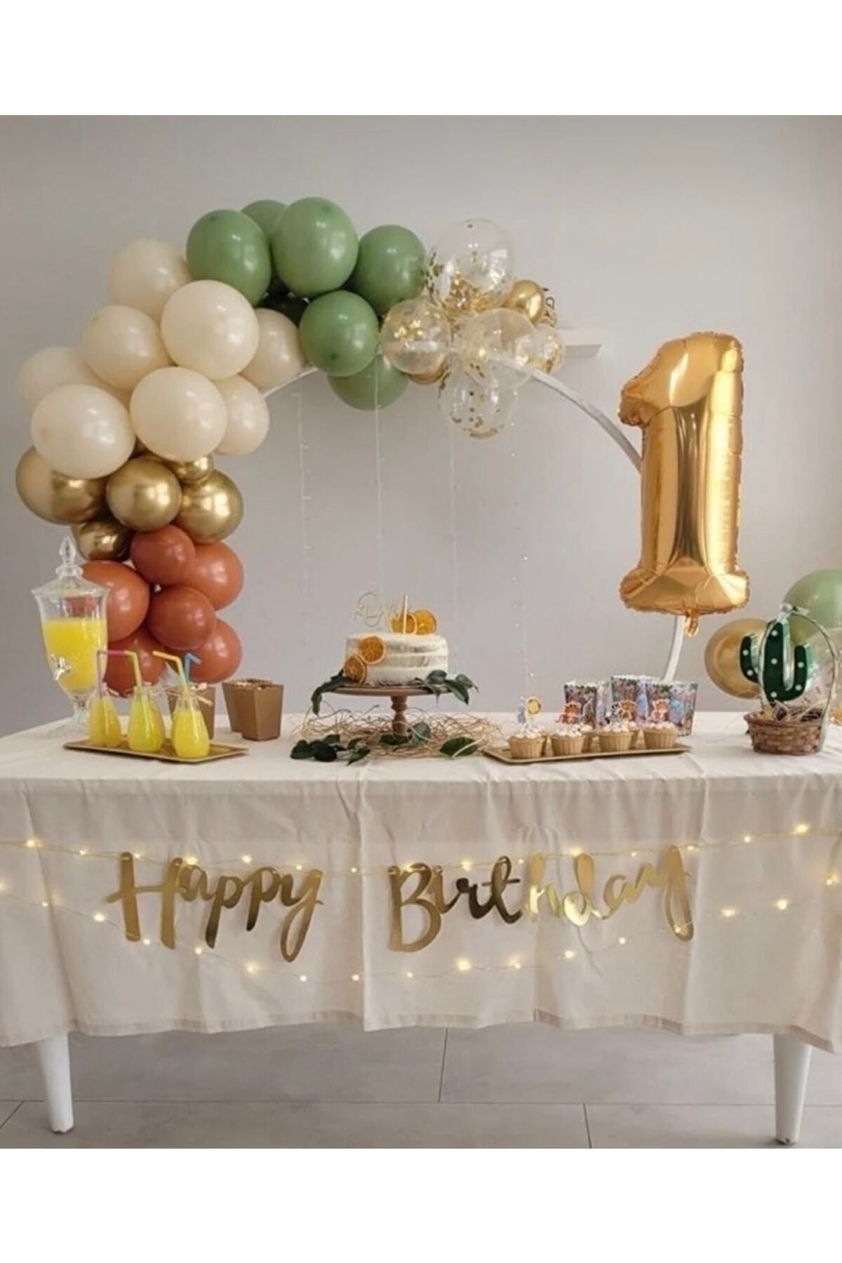 Deniz Party Store 1 Yaş Doğum Günü Peri Led Li Yanık Turuncu Deniz Kumu Küf Yeşili Krom Gold Zincir Set