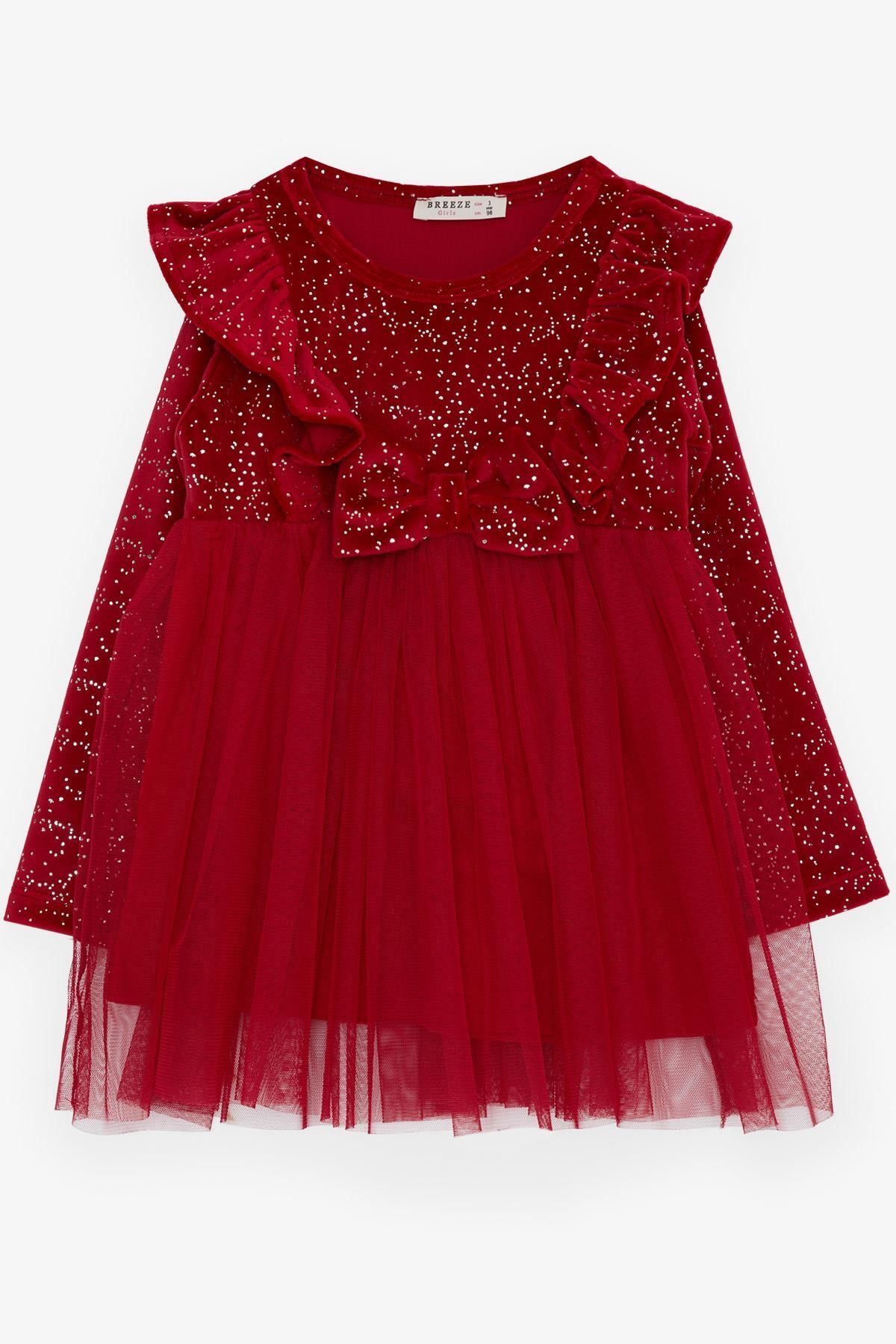 Breeze Kız Çocuk Kadife Elbise Fiyonklu Simli Tüllü 3-8 Yaş, Kırmızı
