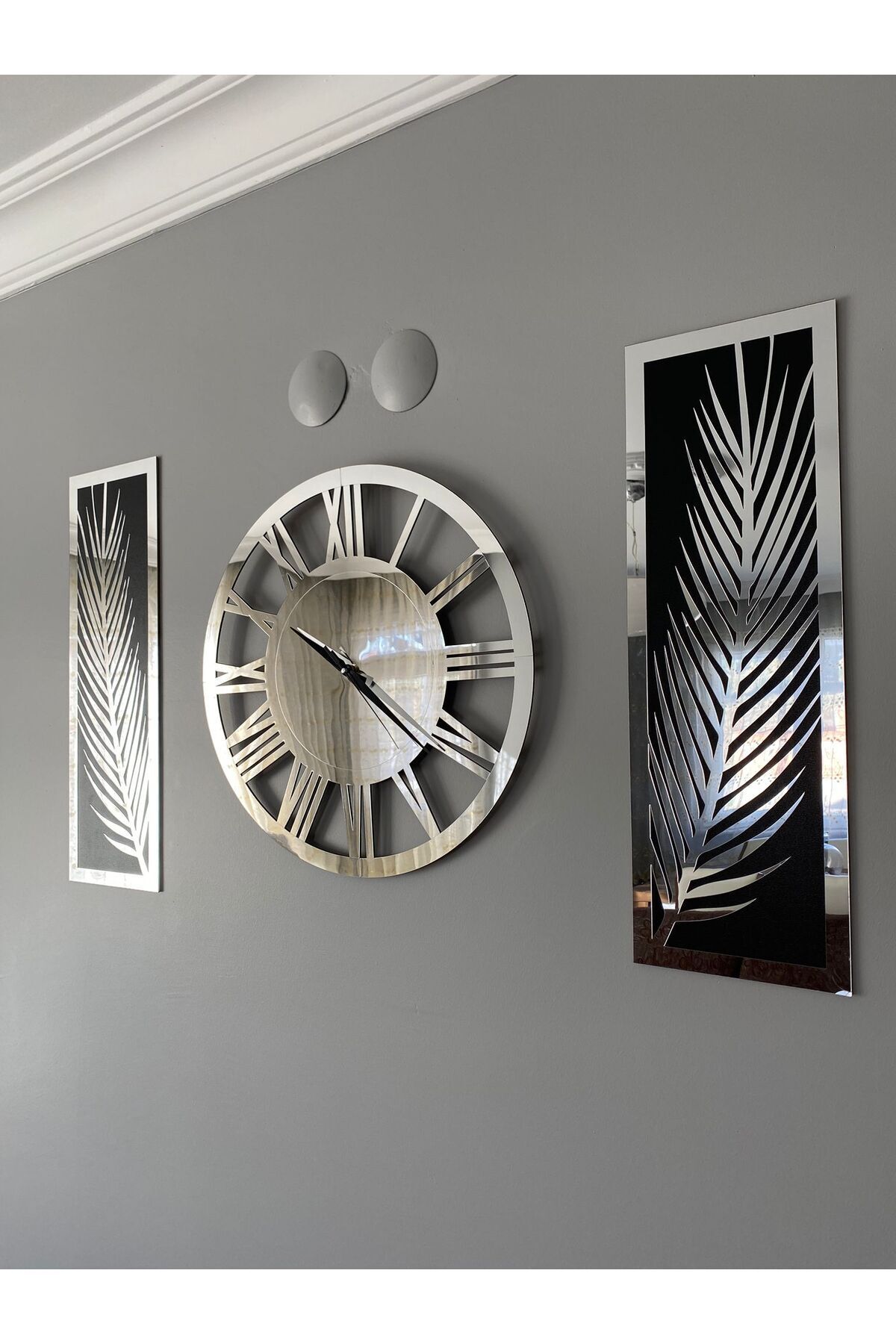 Wooden Factory Aynalı Pleksiden 3 Parçalı Palmiye ve Vip Saat Duvar Dekor Seti