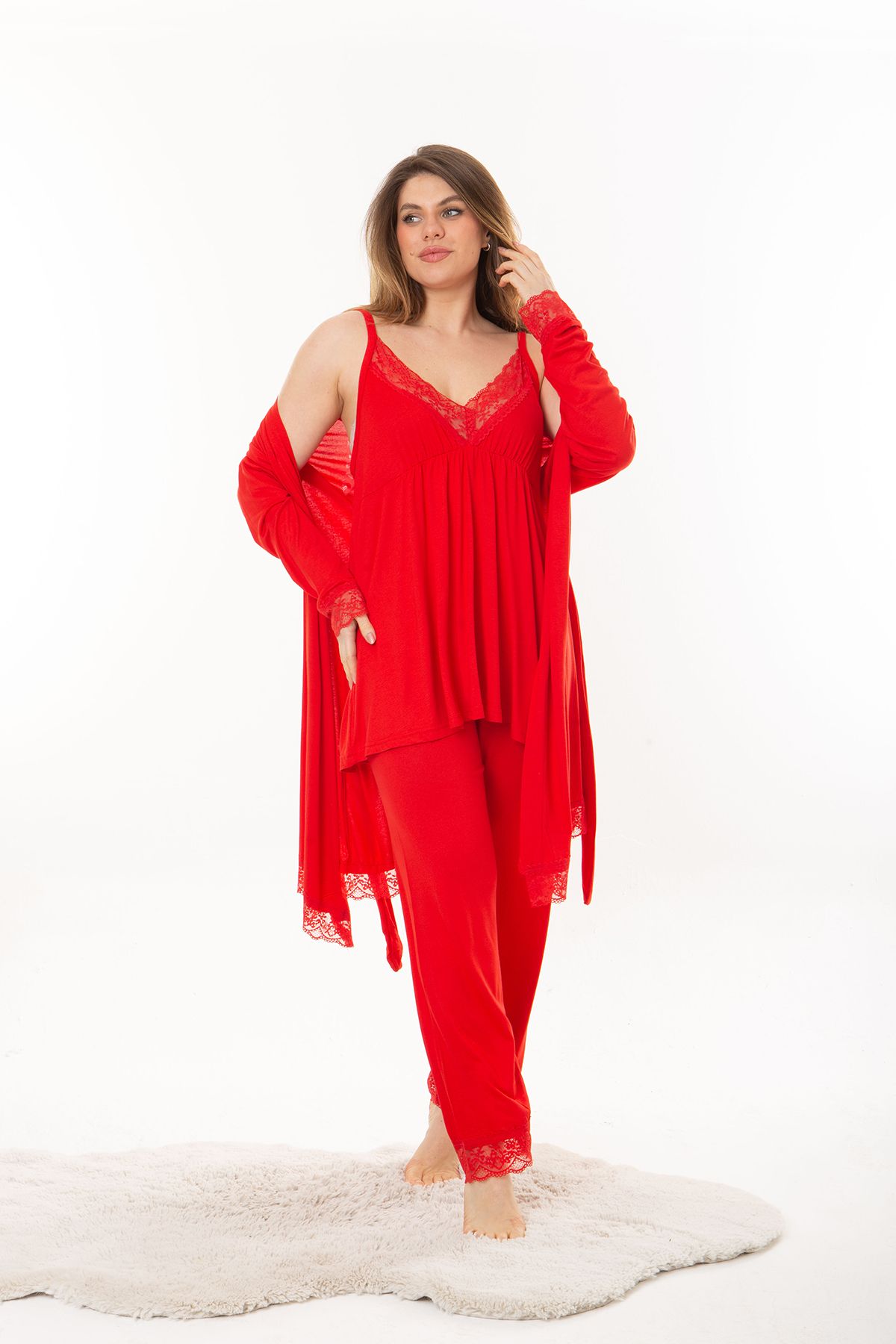 XL Modam kadın büyük beden likralı kırmızı sabahlıklı 3 lü pijama takımı