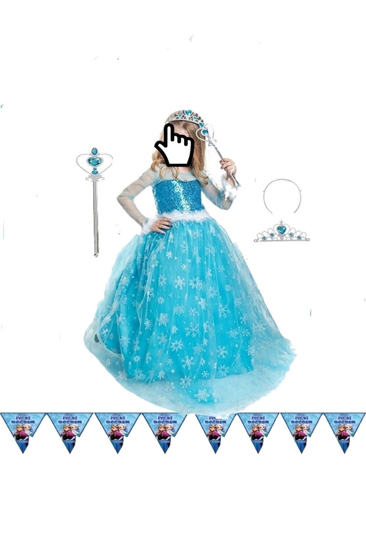 Parti Selesi Karlar Ülkesi Frozen Elsa Kostüm Mavi Uzun Kollu Flama Hediyeli Kız Çocuk Kıyafet Çocuk Elbise