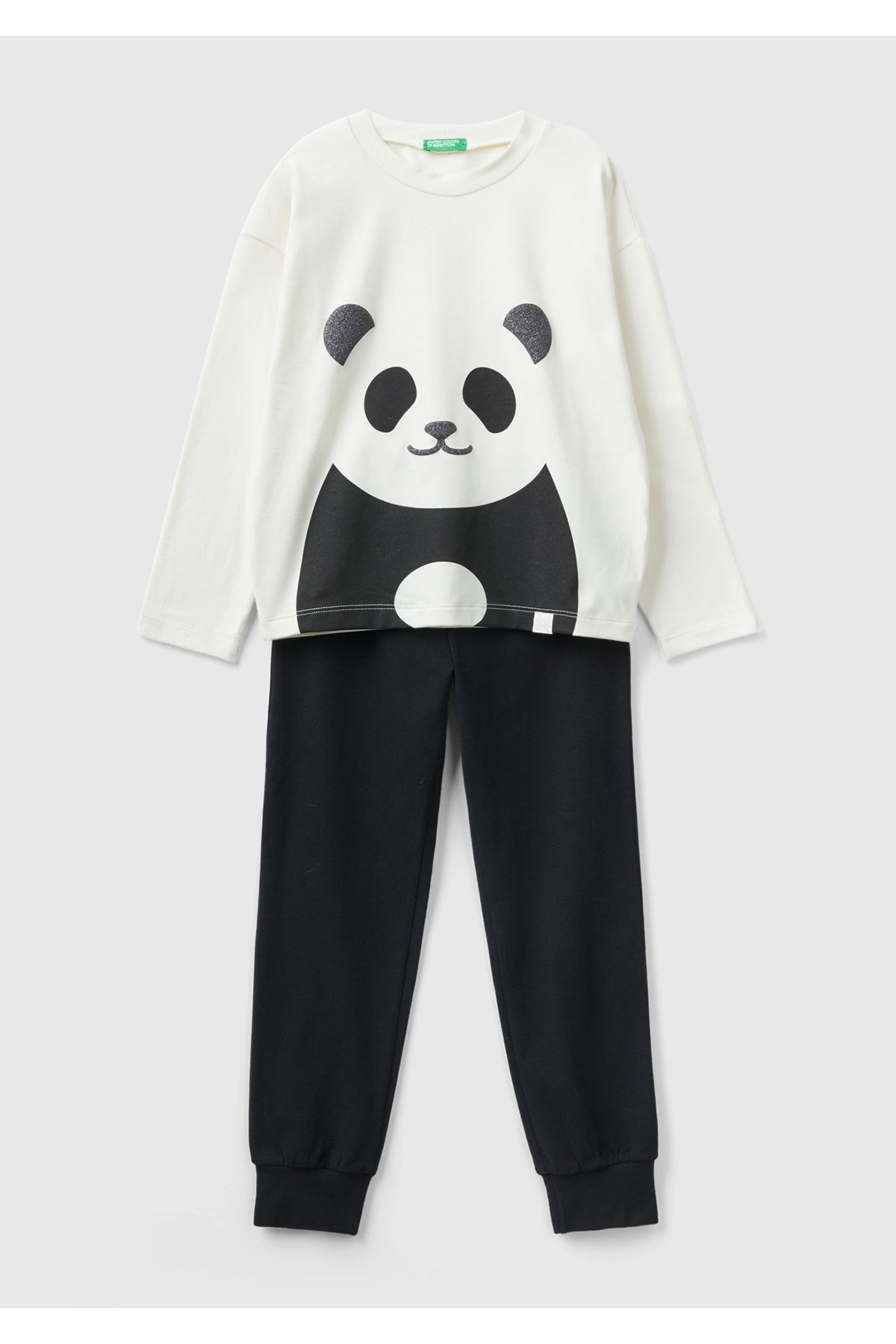 United Colors of Benetton Kız Çocuk Siyah-Beyaz Panda Desenli Pijama Takımı