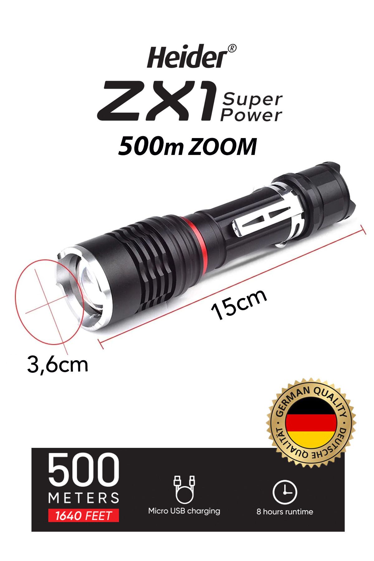 Heider Zx1 (YENİ) 10 Watt 500m Mesafeli Super Power El Feneri- Usb Şarjlı- Xr-18650 Pro Pil Dahil