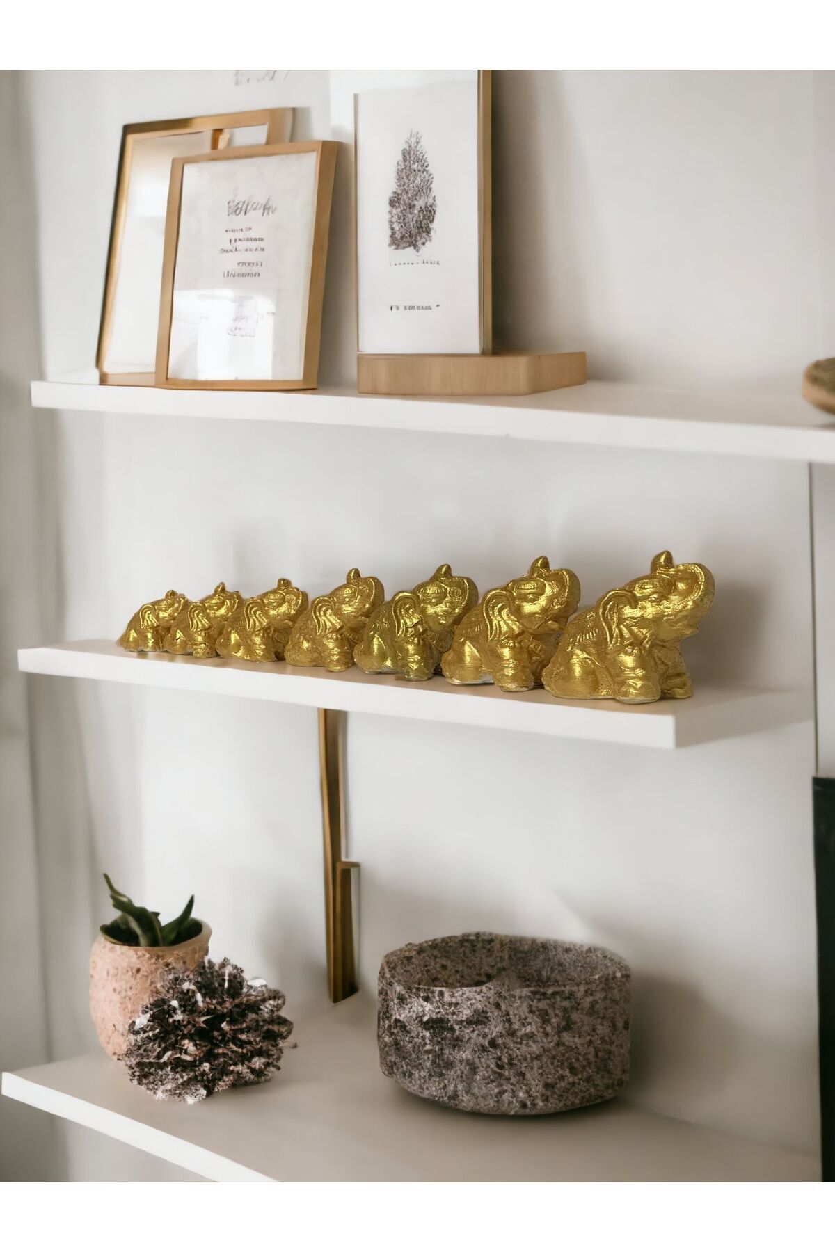 LuDesign 7'li Gold Renk Bereket Fil Seti & Taş tozu & Ev dekorasyon & biblo