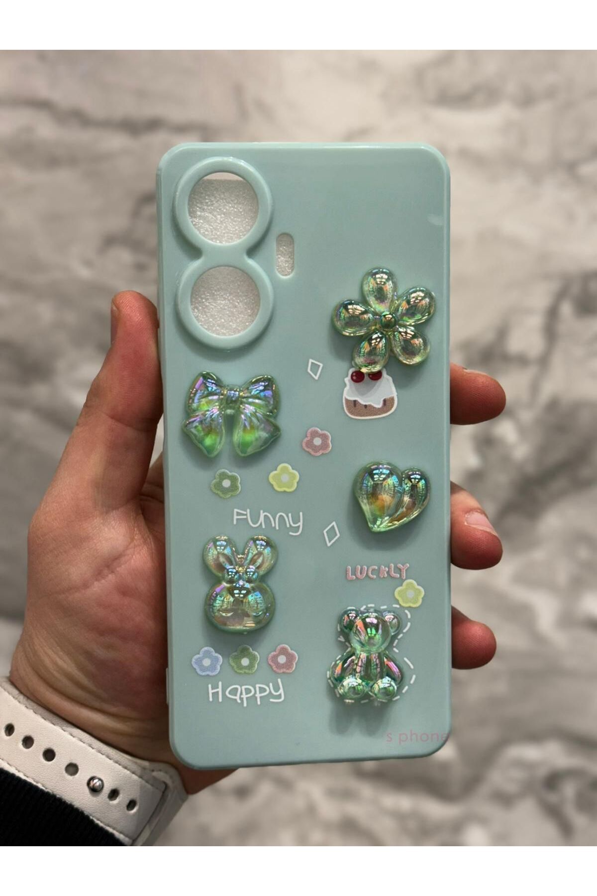 Sphone Realme C55 Kılıf 3D Kabartma Emoji Çıkartma Figür Ayıcık Çiçek Kurdele Happy Good Luck Funny Heart