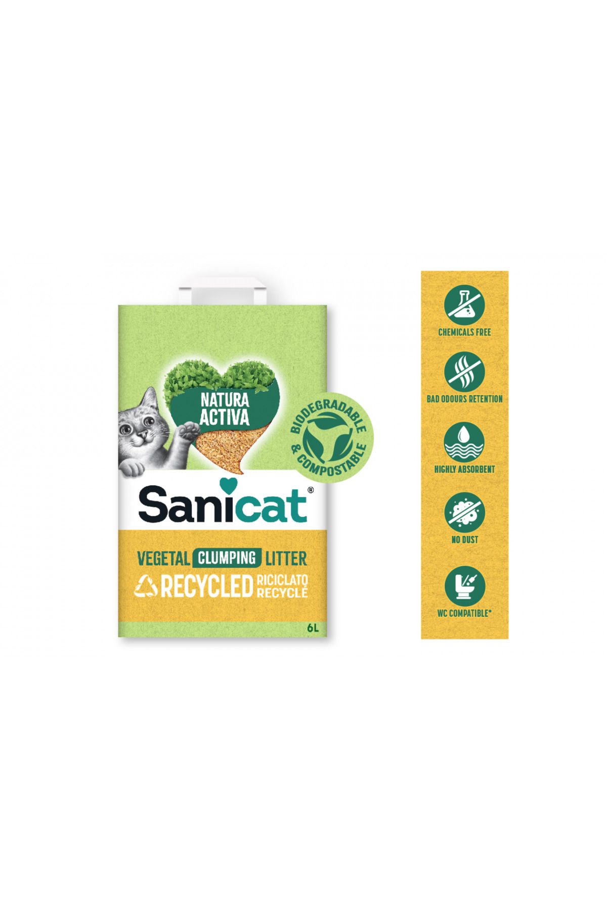 Sanicat Natura Activa Vegetal Litters 10 Litre Geri Dönüştürülmüş Bitkisel Topaklanan Kedi Kumu