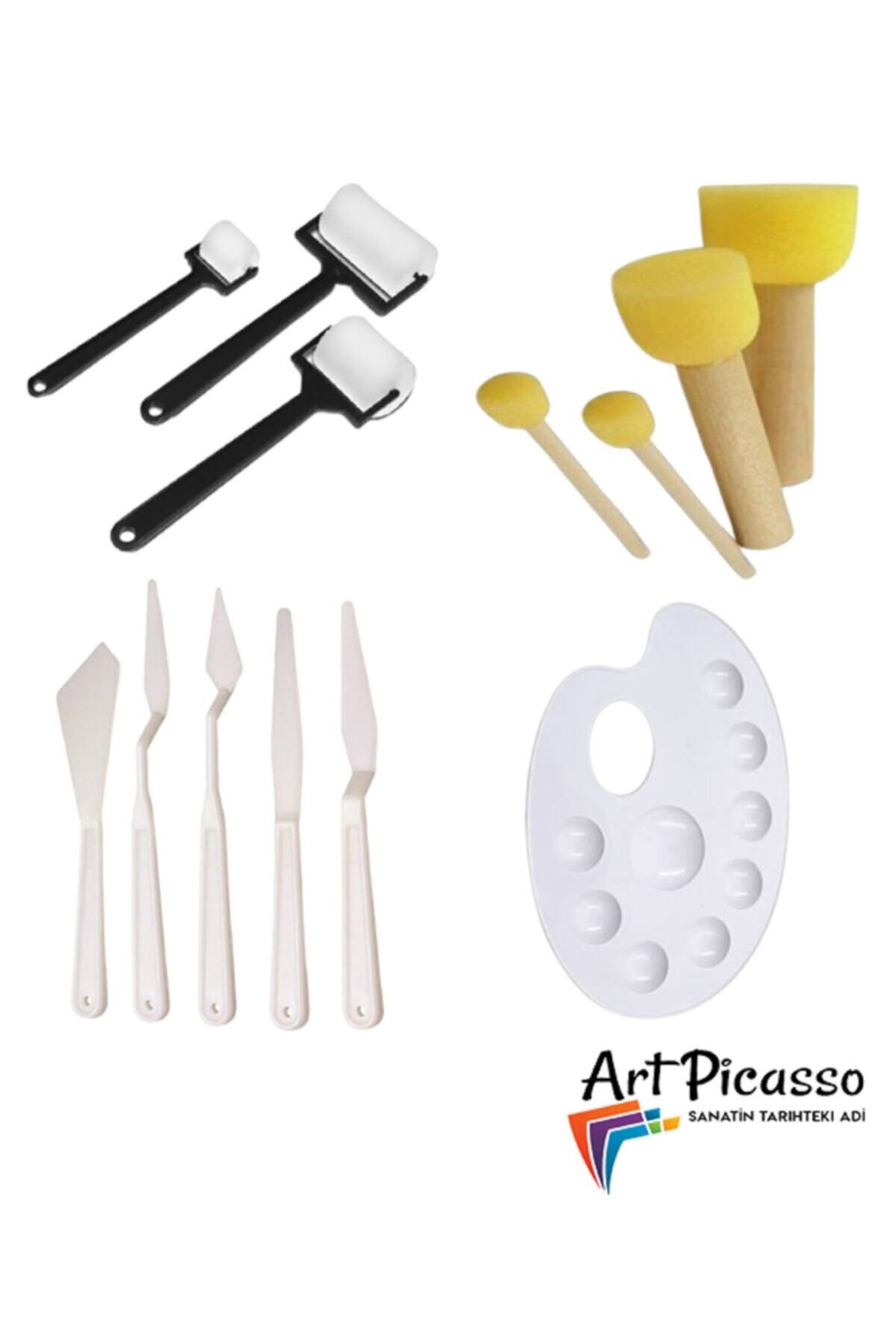 Art Picasso Palet,rulo Fırça,ponpon Fırça Ve Spatula 4'lü Set Sym