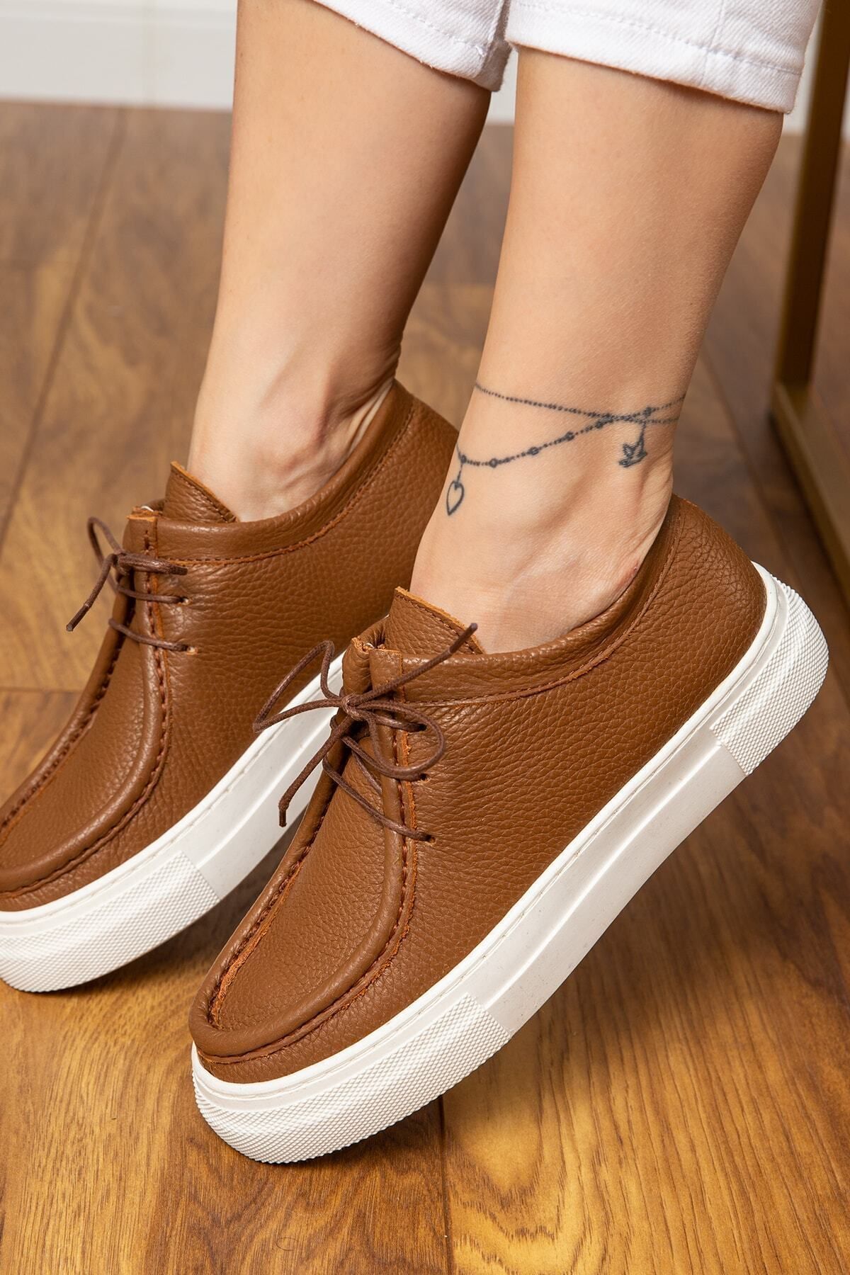Deery Hakiki Deri Taba Rengi Sneaker Kadın Ayakkabı