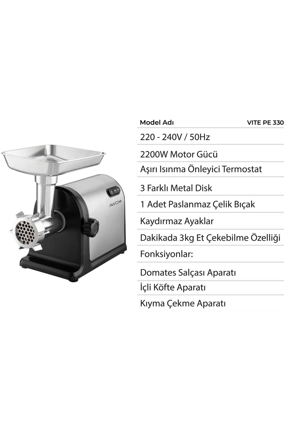 AWOX VİTE 2200w Kıyma Makinası Et Çekme - Sucuk Sosis Domates Salça Yapma Içli Köfte Makinası