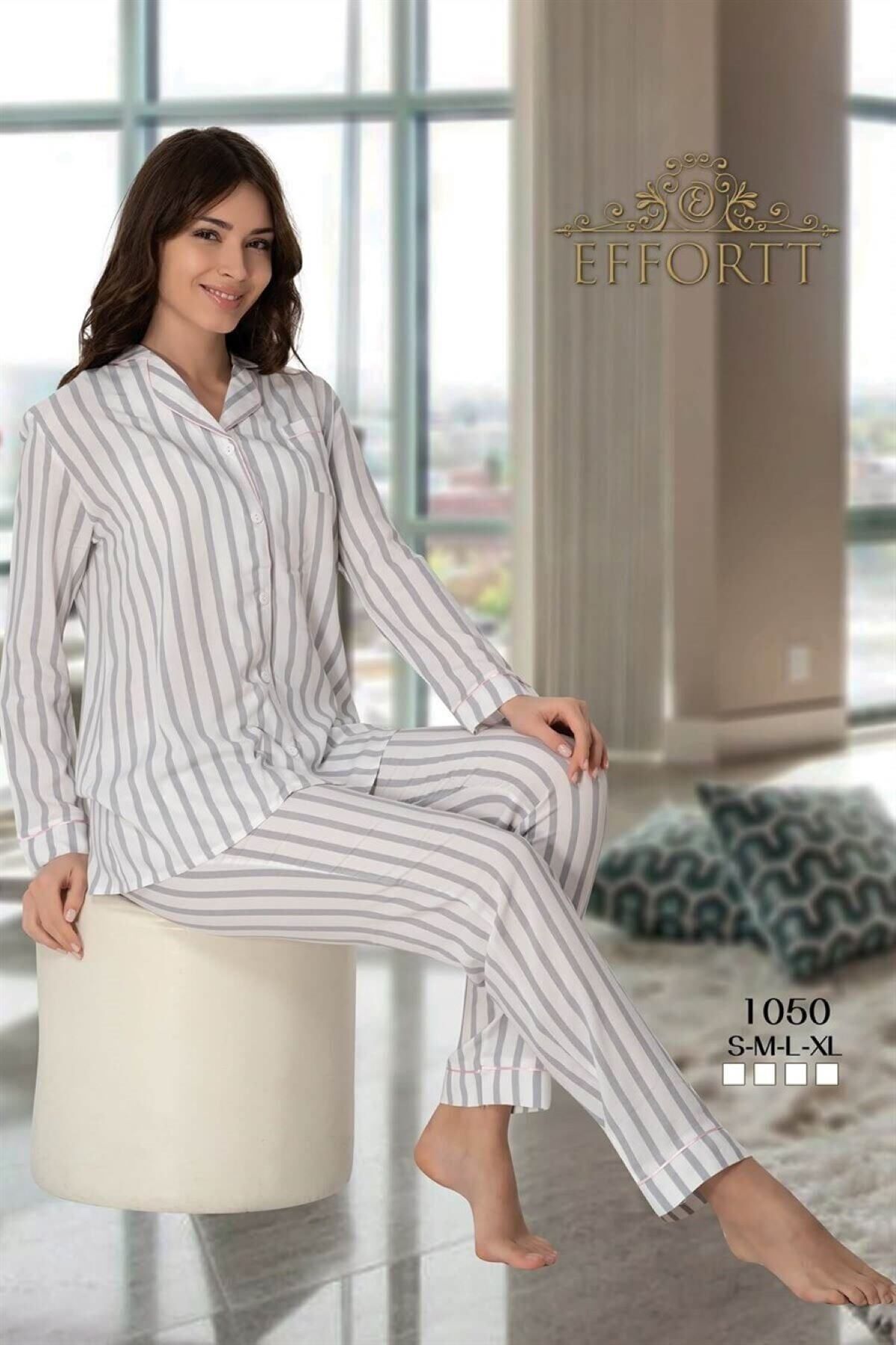 Effort Pijama Çizgili Önden Düğmeli Pijama Takımı
