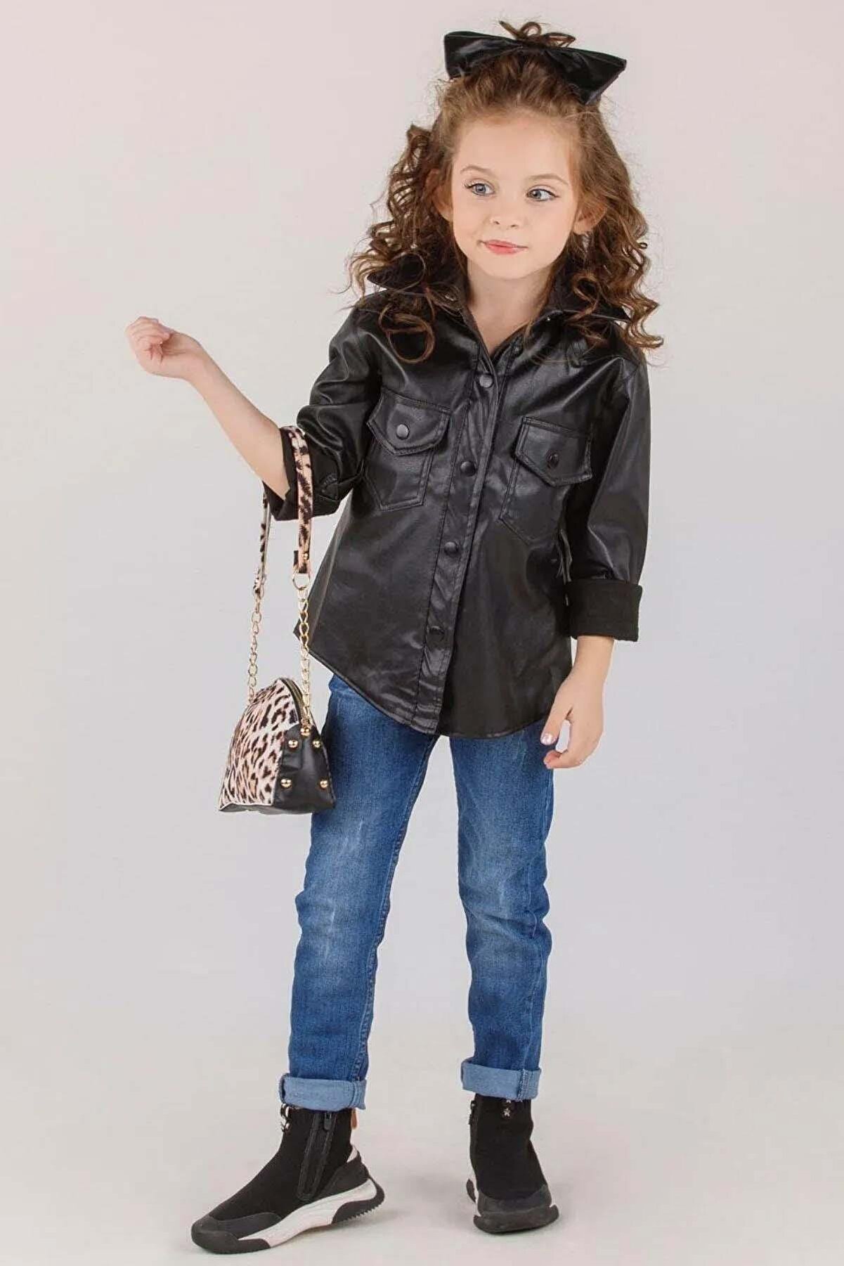 Riccotarz Kız Çocuk Siyah Deri Ceketli Çantalı Denim Alt Üst Takım