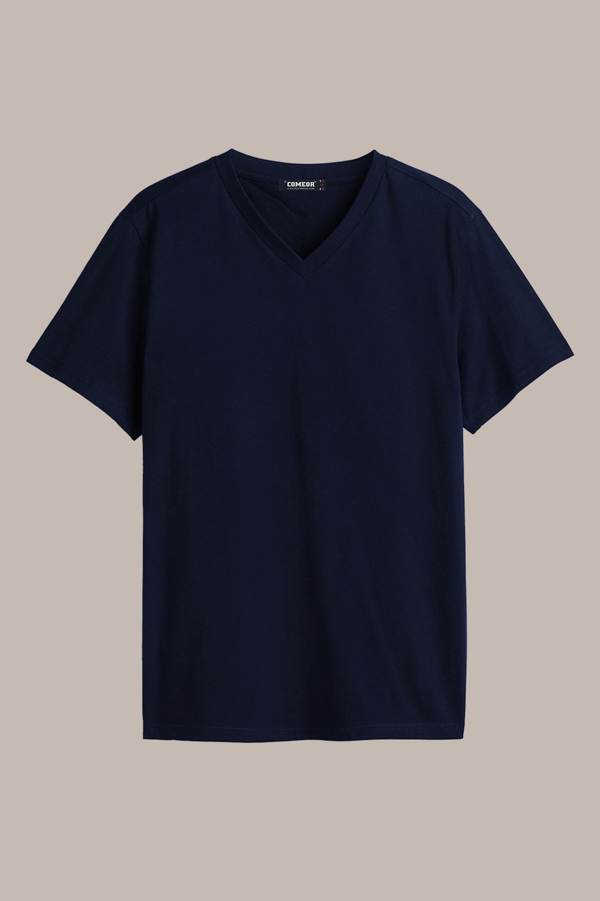 COMEOR Erkek Lacivert Basıc Regular Fit Pamuklu Kısa Kollu V Yaka T-shirt
