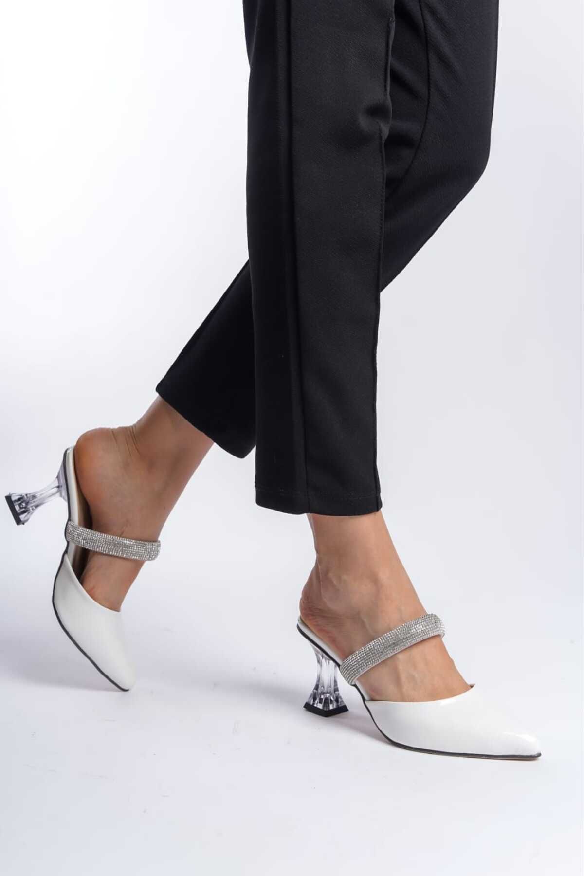 Weynes Kadın Beyaz 7 cm Şeffaf Topuklu Abiye Topuklu Ayakkabı ve Terlik