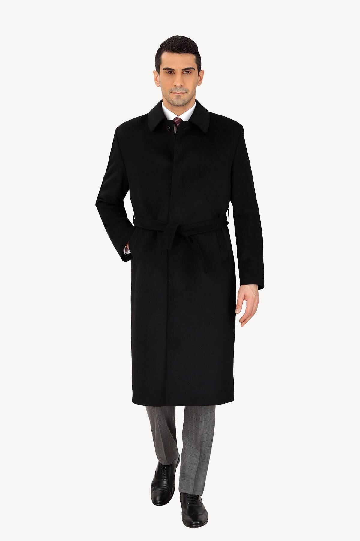 gambia outdoors Erkek Siyah Regular Fit Yünlü Uzun Kuşaklı Palto Şık Gece Gömlek Yaka Klasik