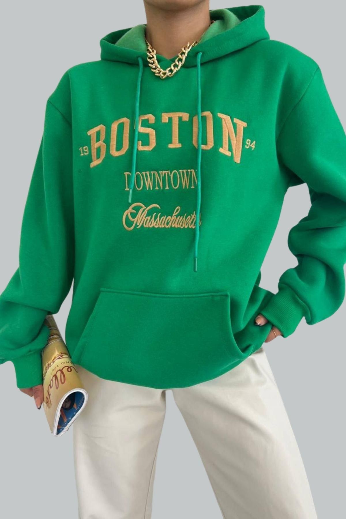 Mossta Boston Nakışlı Kalın Salaş Sweat Yeşil