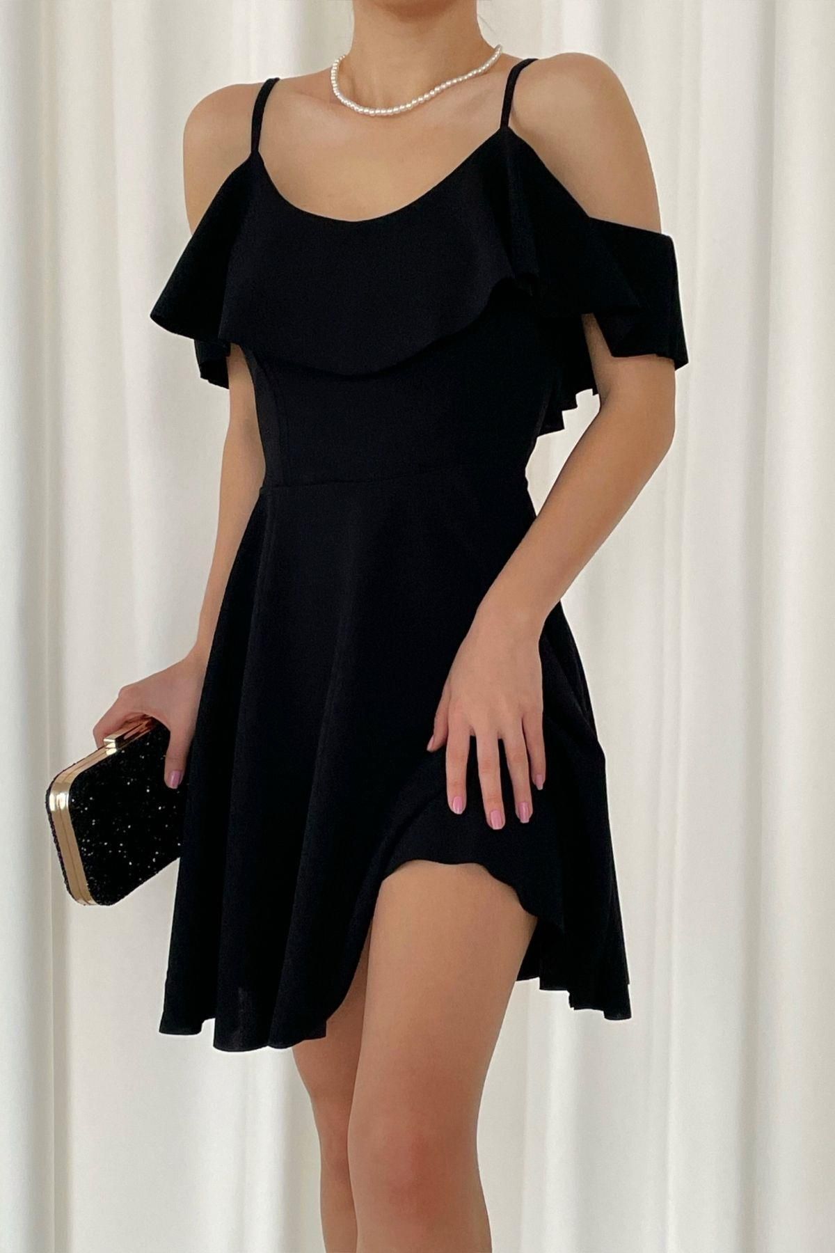 Mossta Askılı Fırfırlı Krep Elbise Siyah