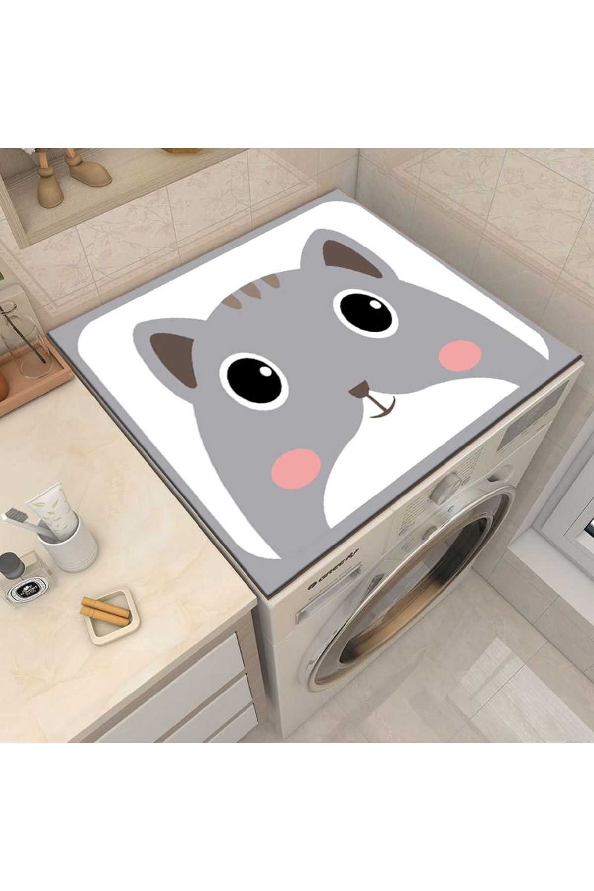 3D ELSE HALI Kedili Kurutmalık Çamaşır Makinesi Örtüsü Koruma Matı Sıvı Geçirmez Kaymaz Yıkanabilir