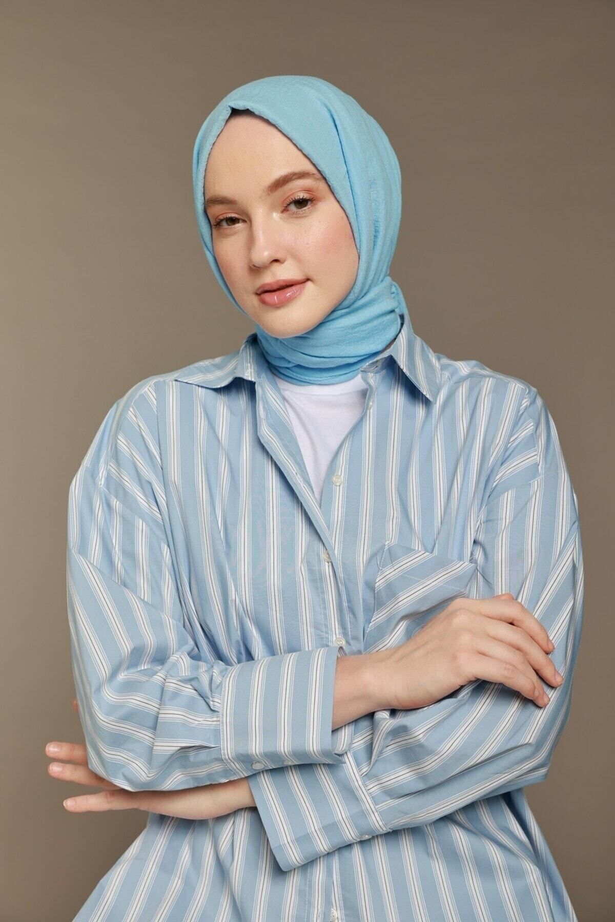 Modakaşmir Carre Cotton Serisi Şal Açık Mavi