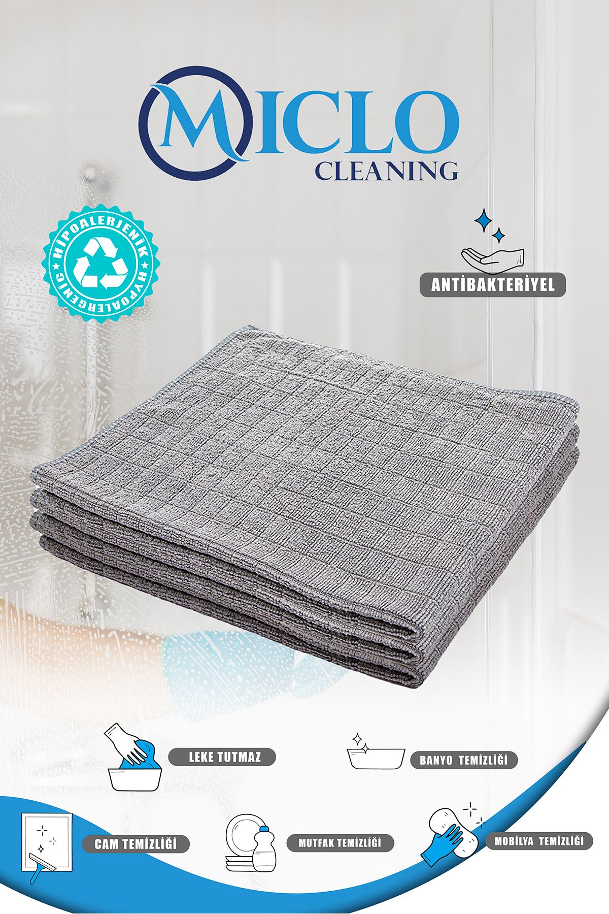 MICLO CLEANING Mikrofiber Kareli Mutfak Bezi | 40x40cm Leke Tutmaz | Deterjan ile Kullanıma Uygun | x3 Adet