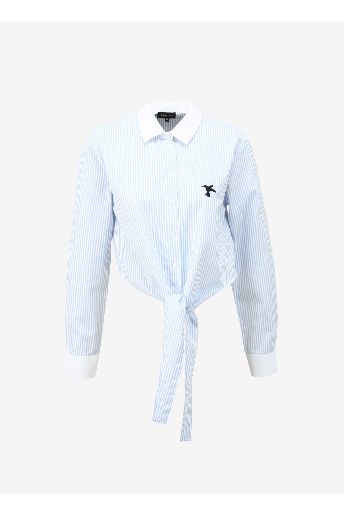 Fabrika Rahat Gömlek Yaka Çizgili Mavi - Beyaz Kadın Gömlek F4SL-GML0415