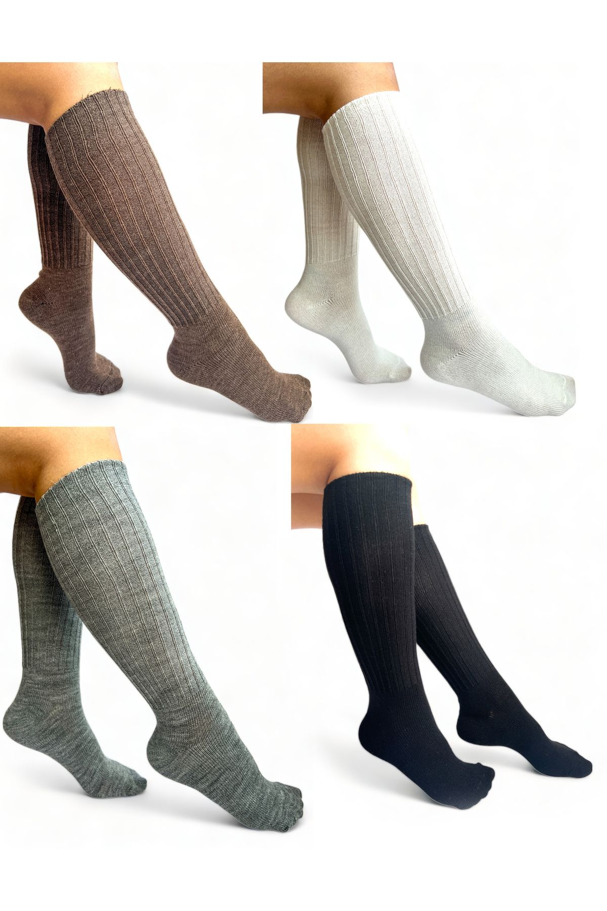 CİHO Socks 4 Çift Uzun Diz Altı Kışlık Kadın Yünlü Çizme Uyku Çorabı Soft Touch Siyah-beyaz-gri-kahve