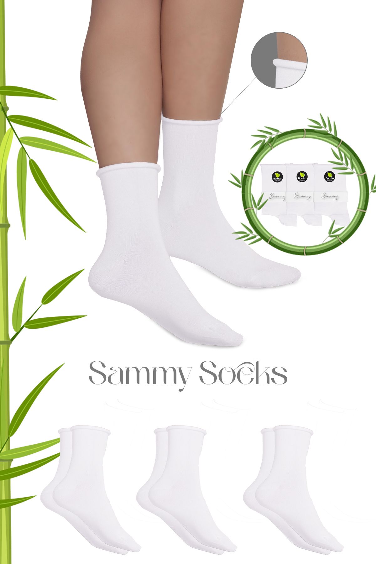 Sammy Socks Premium Bambu Lastiksiz Dikişsiz Soket Kadın Çorap 3'lü