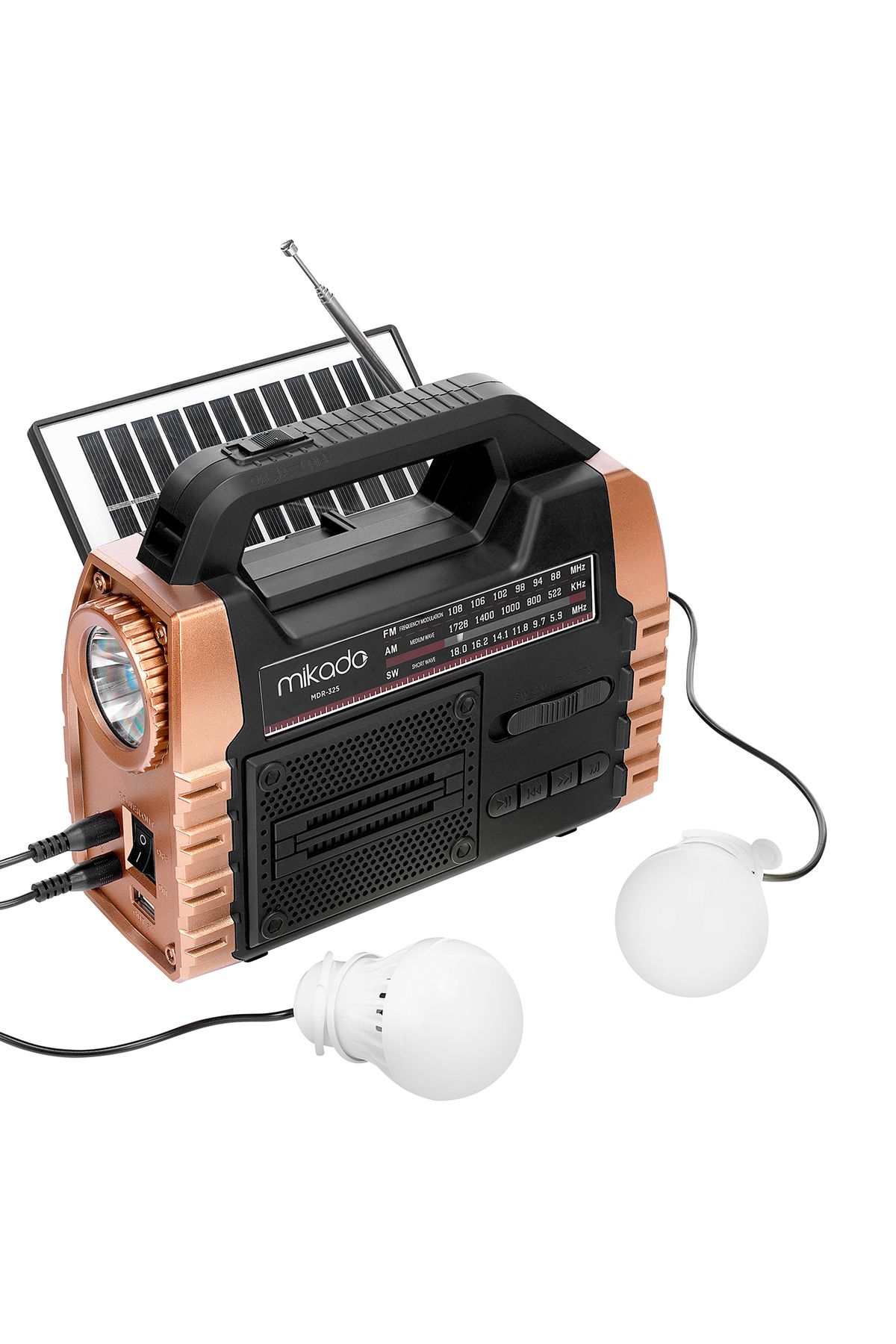 Mikado MDR-325 Ahşap USB- TF Destekli FM/AM/SW/BT+SOLAR+Power Bank+ 2x Ampül+ 3 Band Klasik Radyo