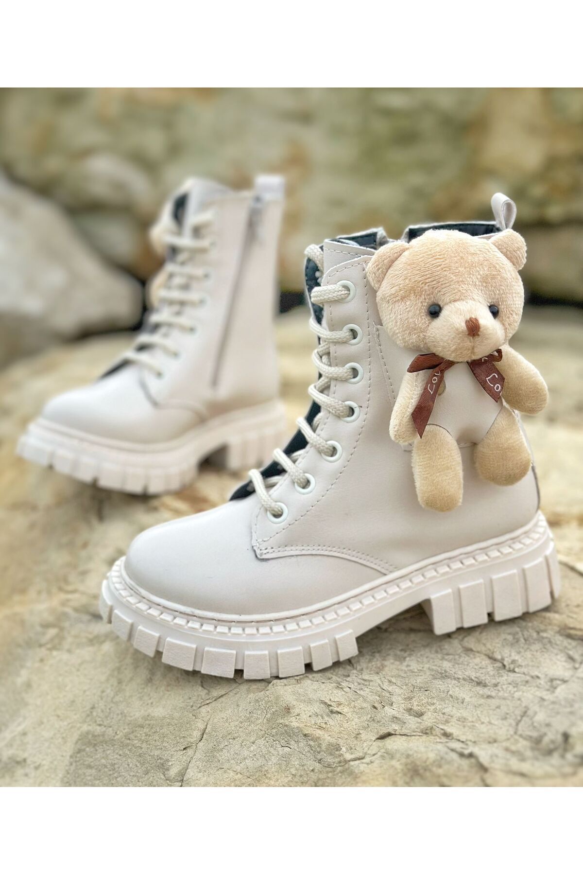Surpie Shoes Ayıcıklı Kız Çocuk Bot, Fermuarlı Çocuk Bot, Siyah Çocuk Bot