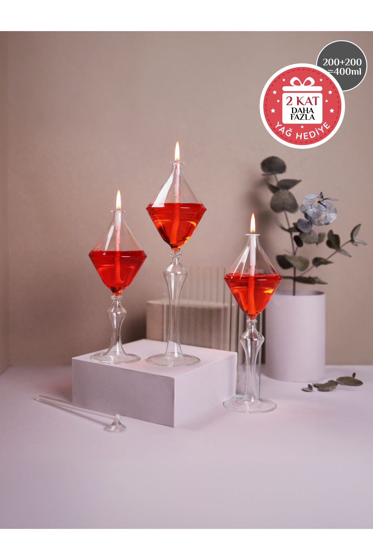 Glassic Love Kırmızı Cam Kandil Seti (3 ADET KANDİL - 400 ML KANDİL YAĞI - ANNELER GÜNÜ HEDİYESİ)