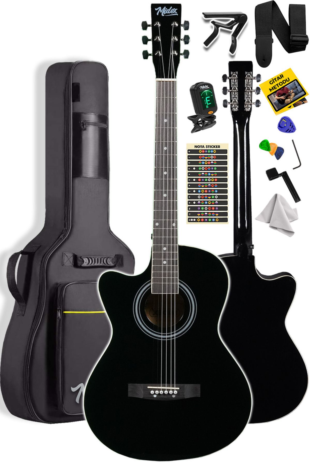 Midex XC-121 Siyah Kaliteli SOLAK Akustik Gitar Gül Klavye Sap Ayarlı 4/4 Yetişkin Boy Full Set