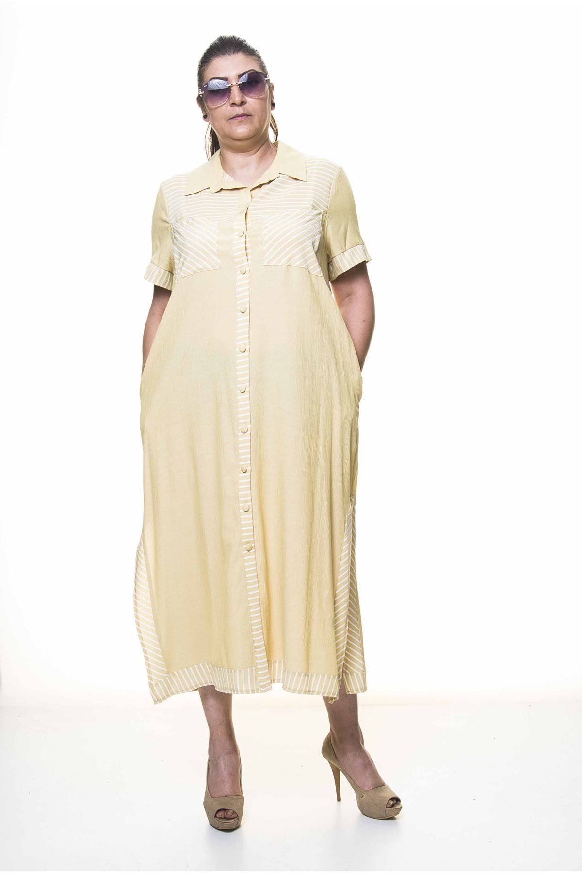 Modayız Kadın Büyük Beden Düğmeli Gömlek Yaka Cepli Yazlık Uzun Elbise A3-4032