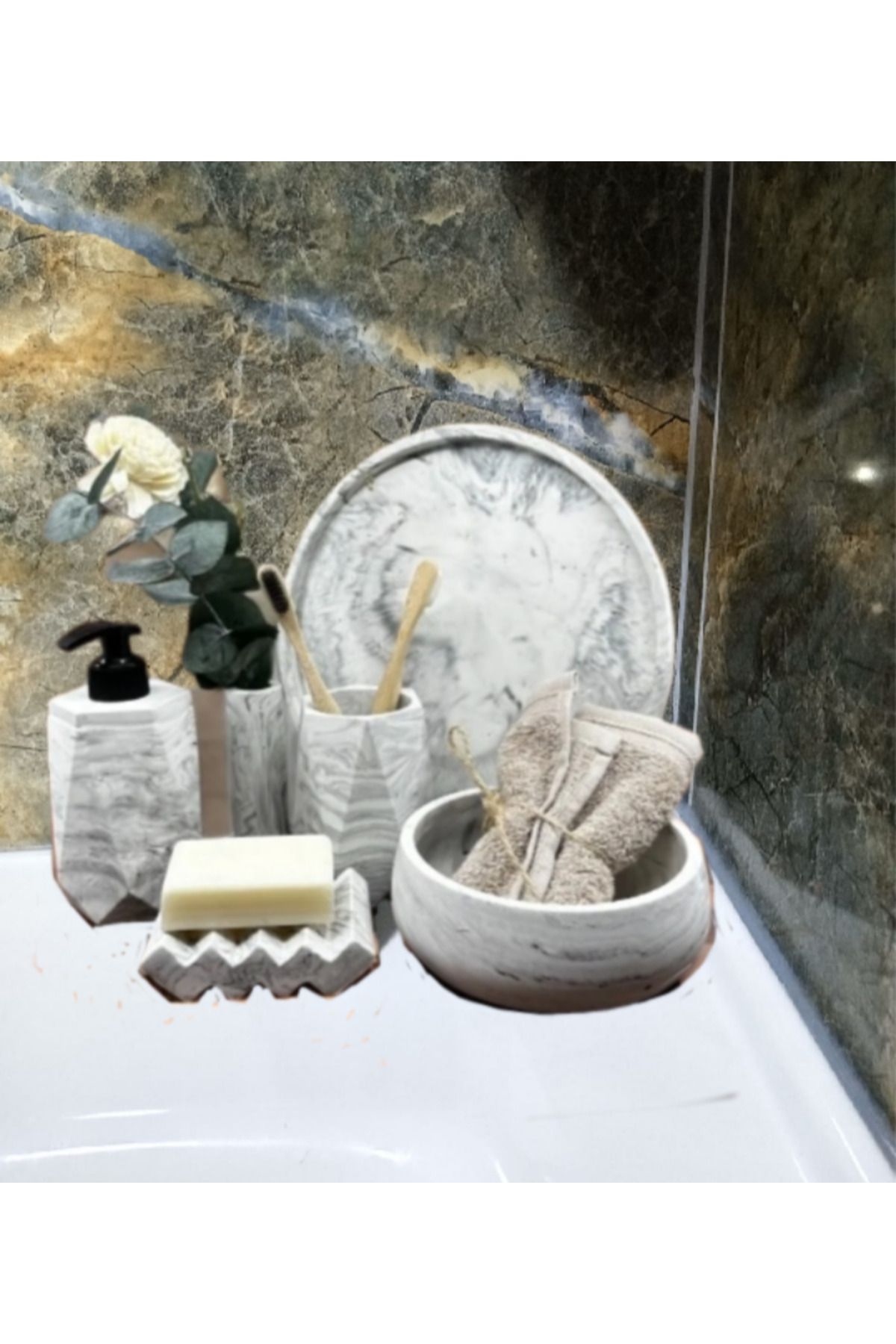 Trust Stone 6'lı Mermer Desenli Beton Banyo Seti Tuvalet Wc Sıvı Sabunluk Diş Fırçalığı Beton Aksesuar Takım