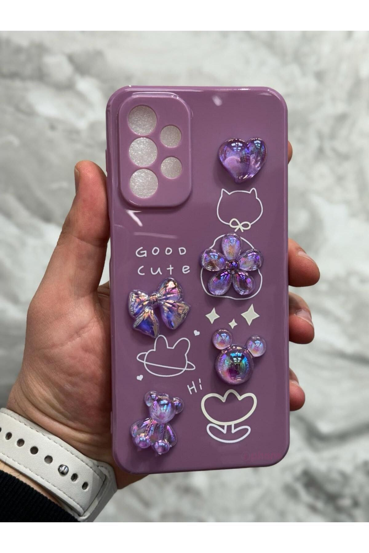 Sphone Samsung Galaxy A23 4G Kılıf 3D Kabartma Emoji Ayıcık Çiçek Kurdele Happy Good Luck Funny Heart Toys