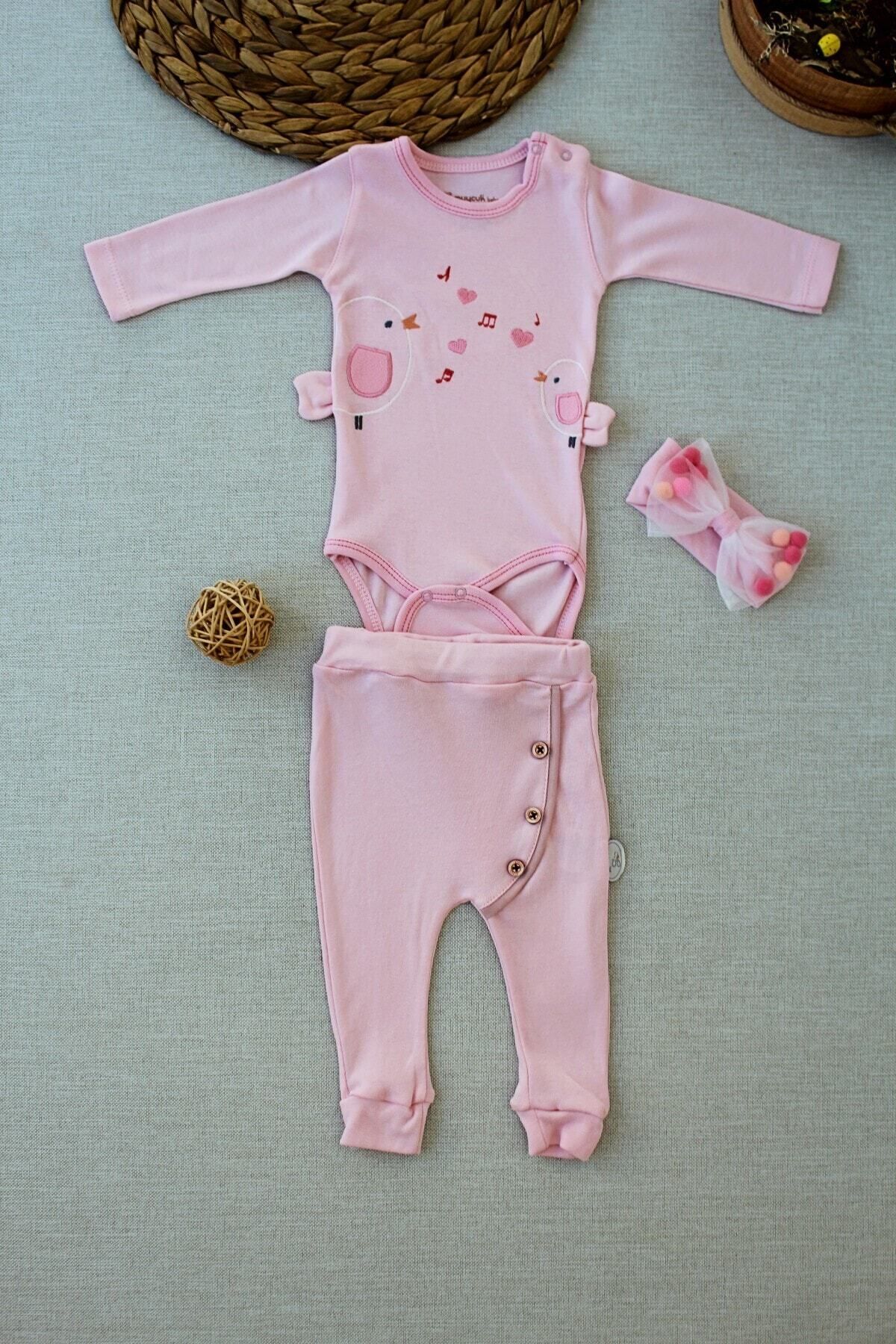 Tomuycuk 3'lü Kız Pembe Bebek Çocuk Takım 3-6-9-12 Ay Bodyli Bebek Kıyafetleri Giysileri Hediyelik