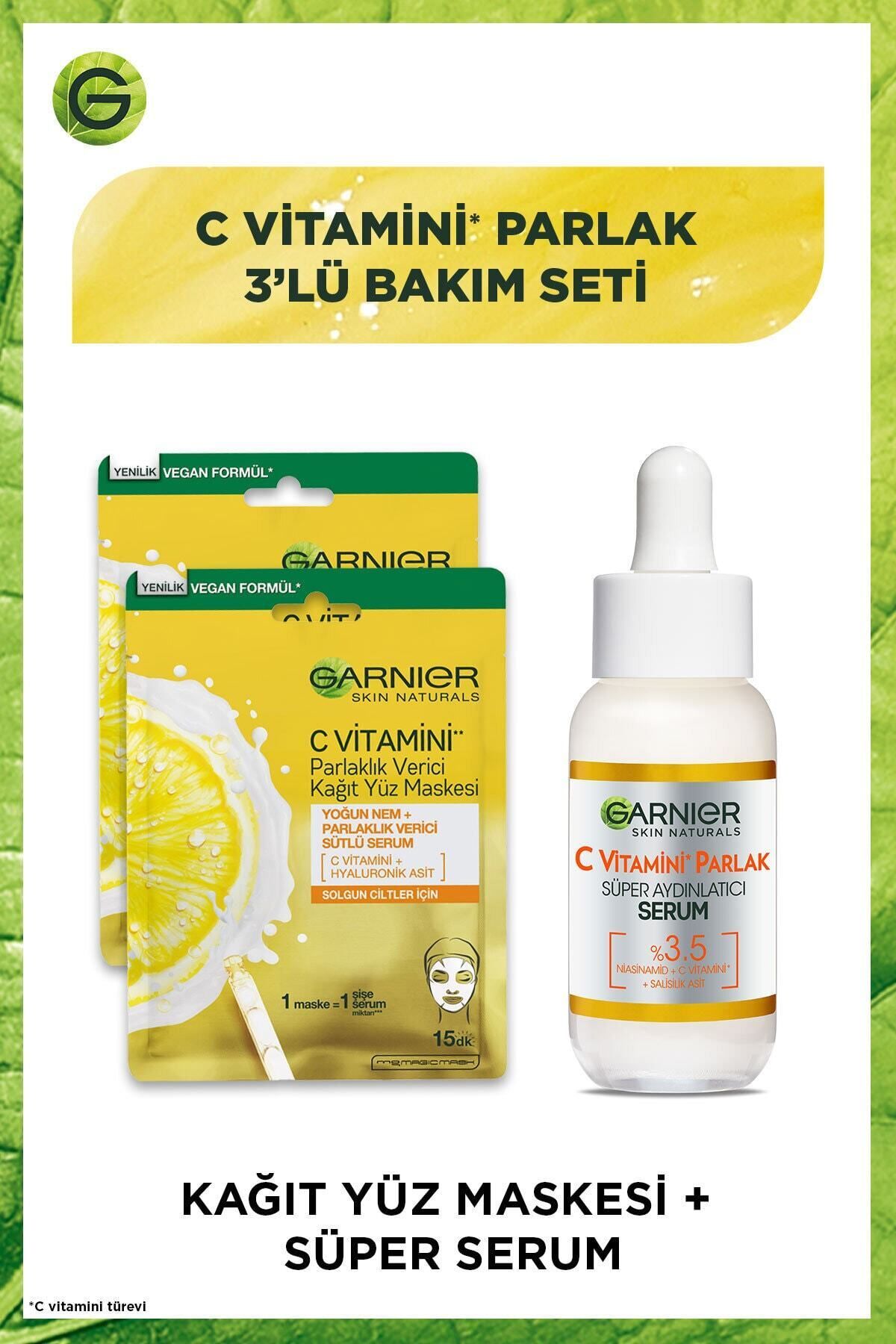Garnier C Vitamini Parlak 3'lü Bakım Seti Kağıt Yüz Maskesi + Süper Aydınlatıcı Serum