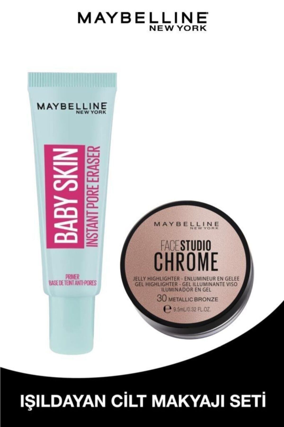 Maybelline New York Baby Skin Gözenek Gizleyici Makyaj Bazı & Face Studio Chrome Jel Aydınlatıcı - 30 Metallic Bronze