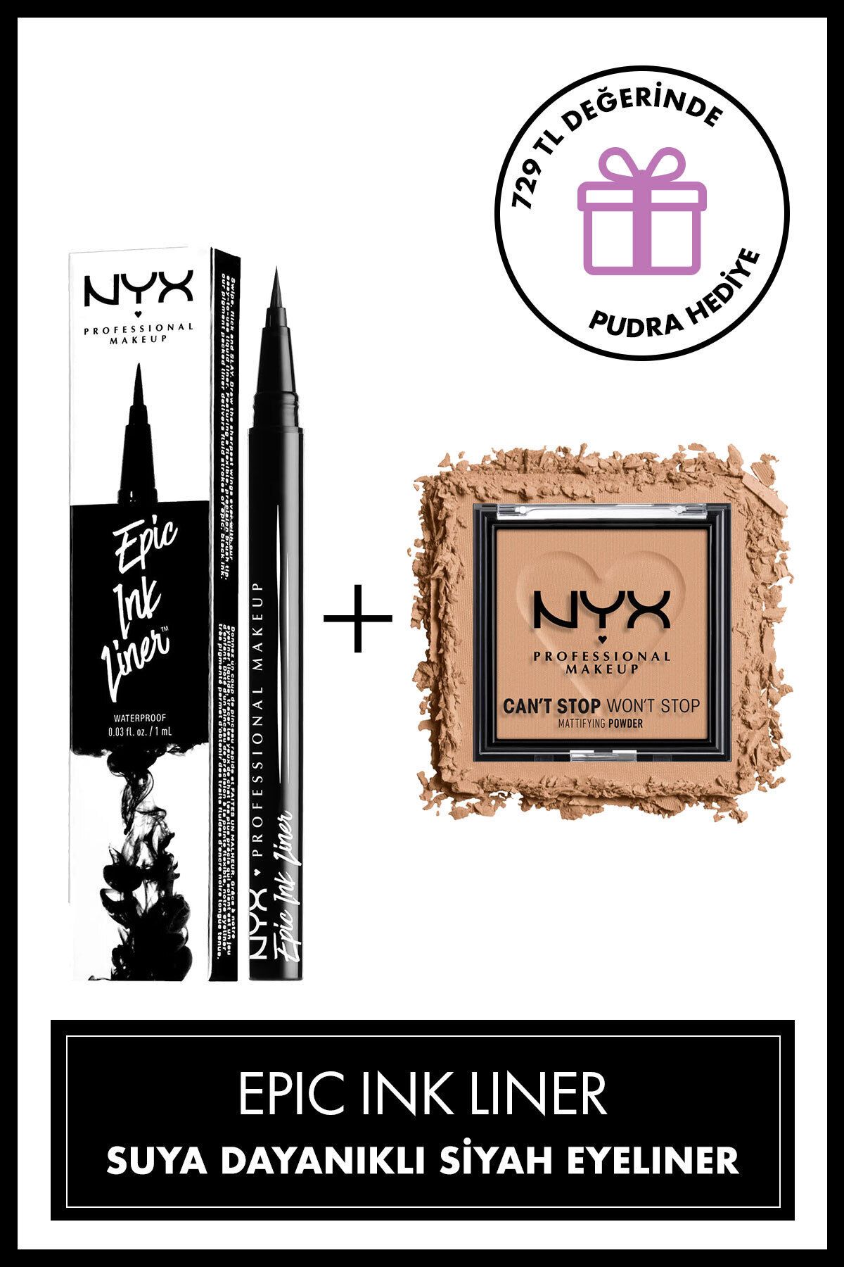 NYX Professional Makeup Epic Ink Liner Black - Siyah Eyeliner & Can't Stop Won't Stop Matlaştırıcı Pudra - Tan