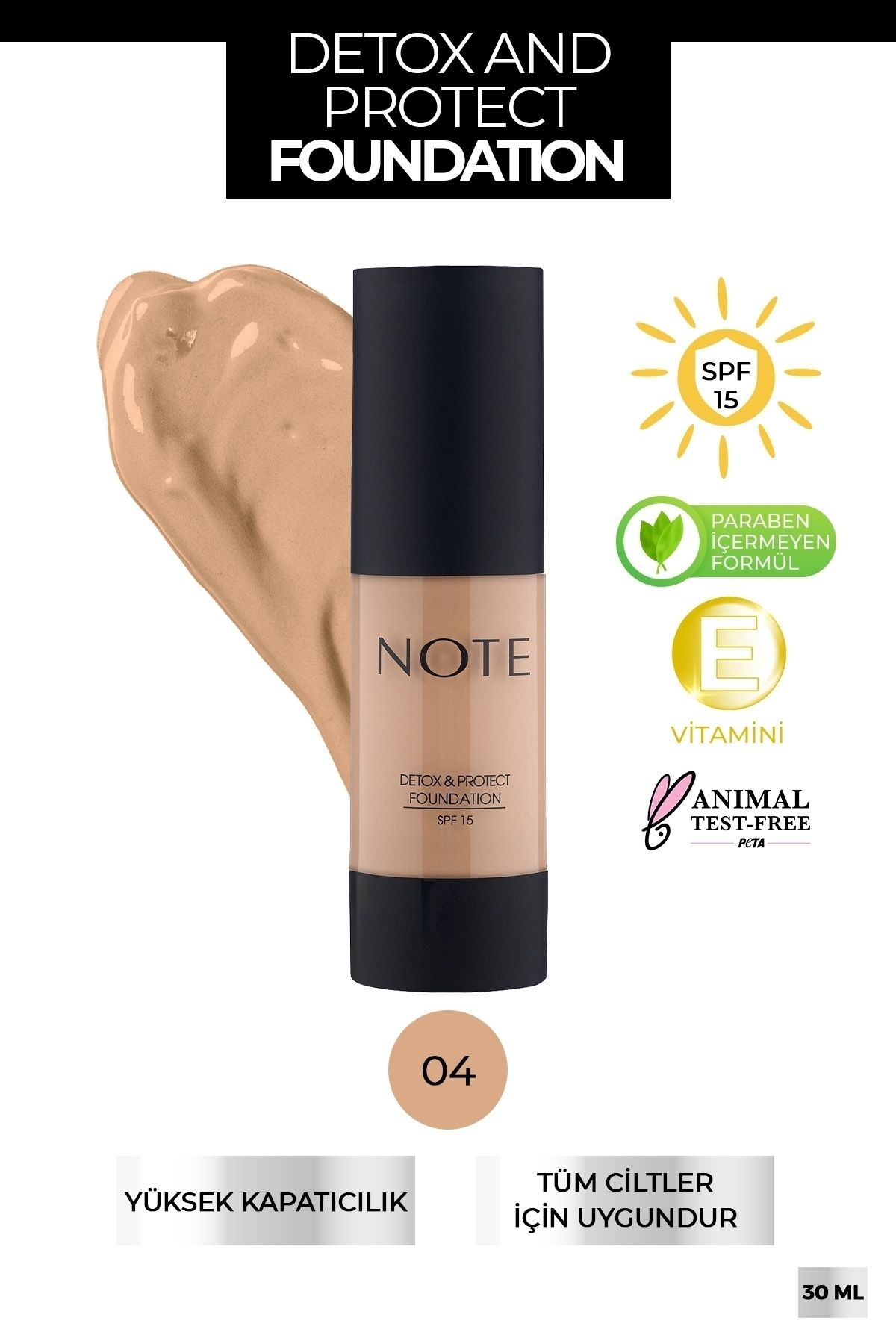 Note Cosmetics Detox & Protect Canlandırıcı Etkili Spf 15 Kapatıcı Fondöten 04 Sand
