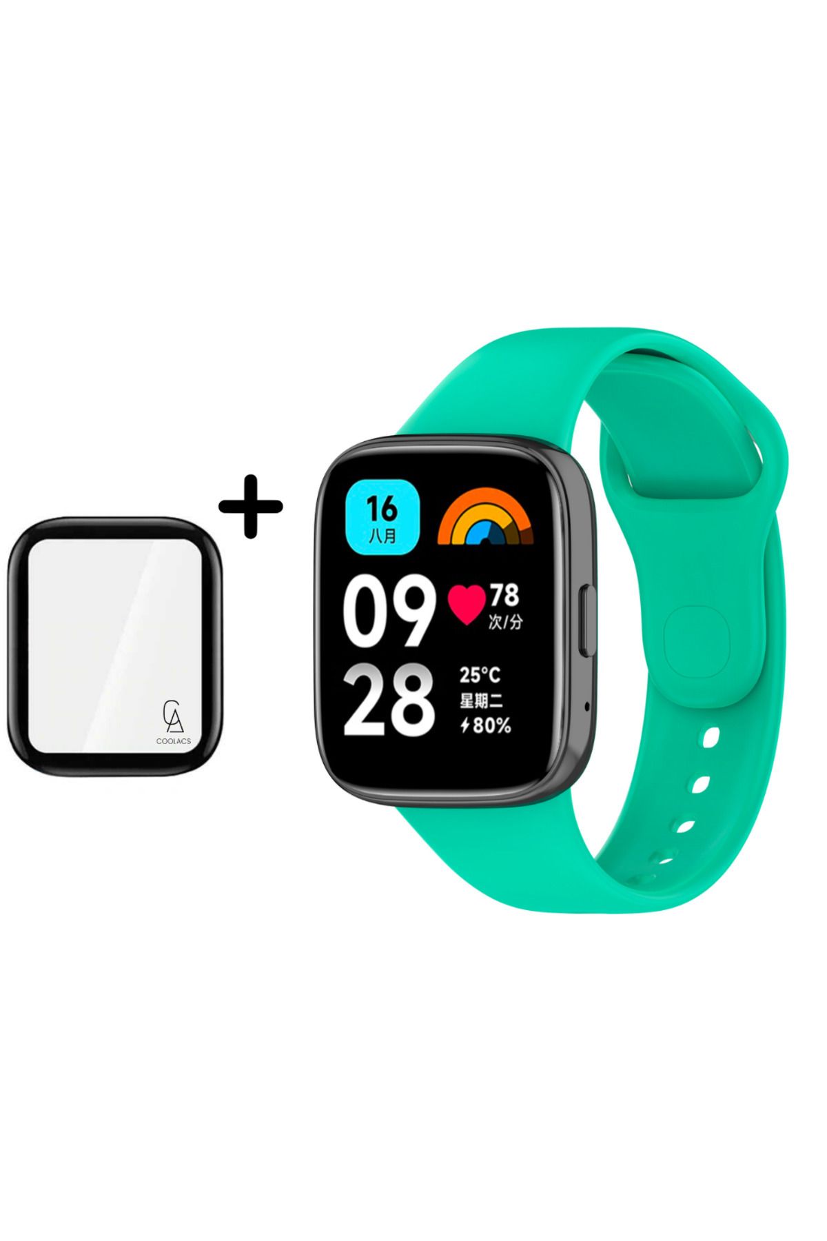 Coolacs Xiaomi Redmi Watch 3 Active Uyumlu Yumuşak Silikon Kordon ve Kavisli Ekran Koruyucu Seti Turkuaz