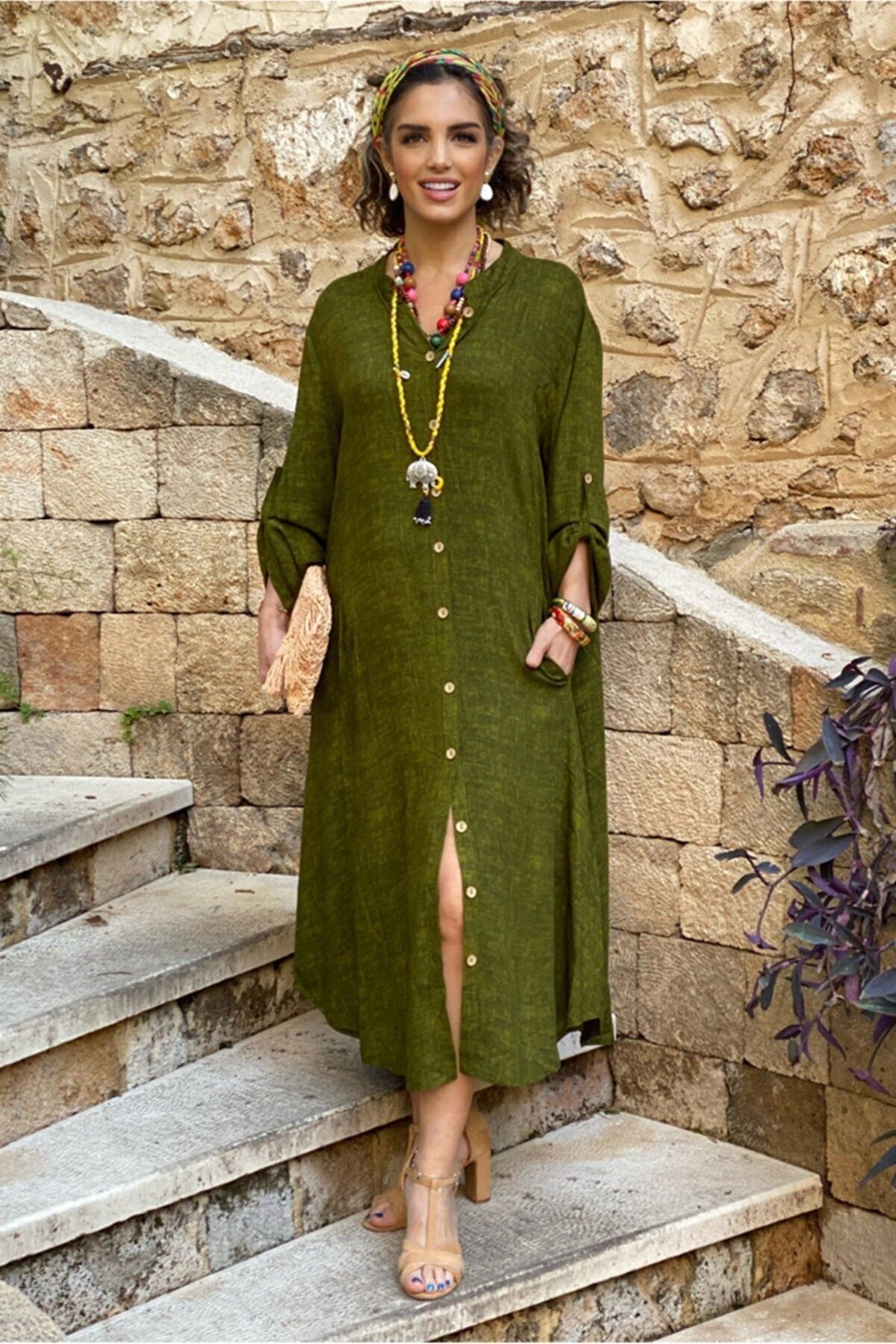 Nevin Kaya Moda %100 Pamuk Viskon Yağ Yeşili Gömlek Elbise