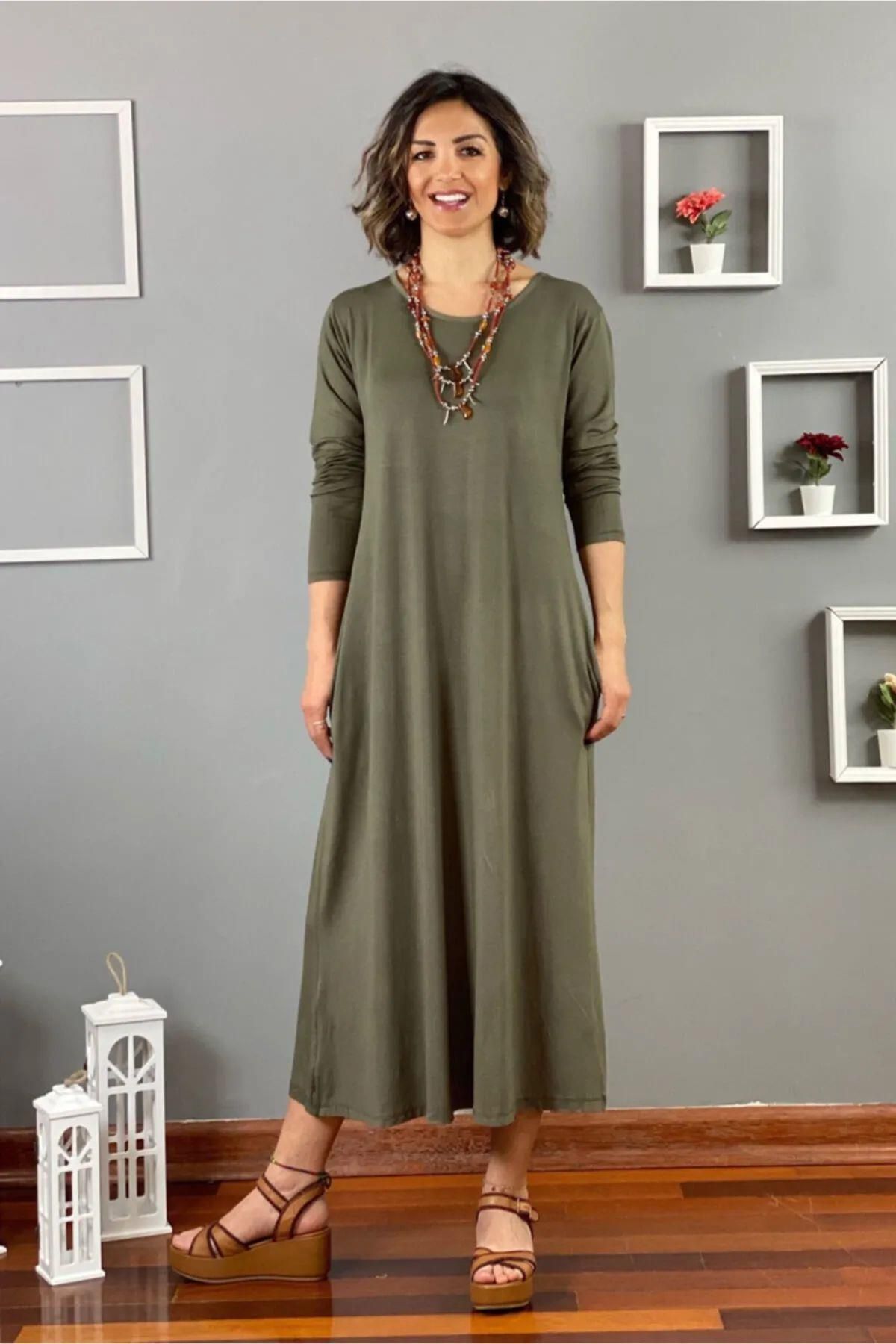 Nevin Kaya Moda Haki Uzun Kollu Pamuklu Penye Elbise