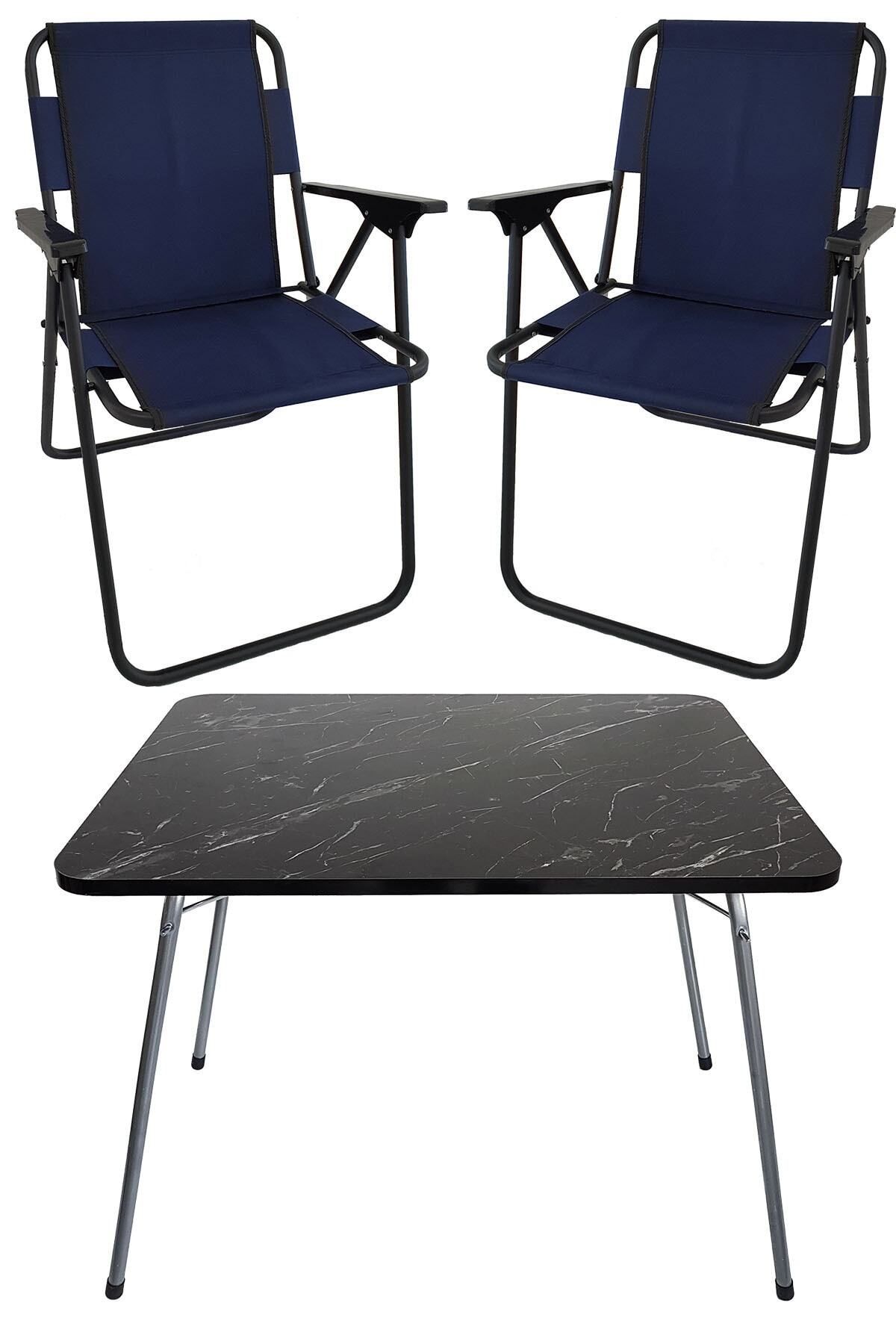 Bofigo 60x80 Granit Desenli Katlanır Masa + 2 Adet Katlanır Sandalye Kamp Seti Bahçe Takımı Lacivert