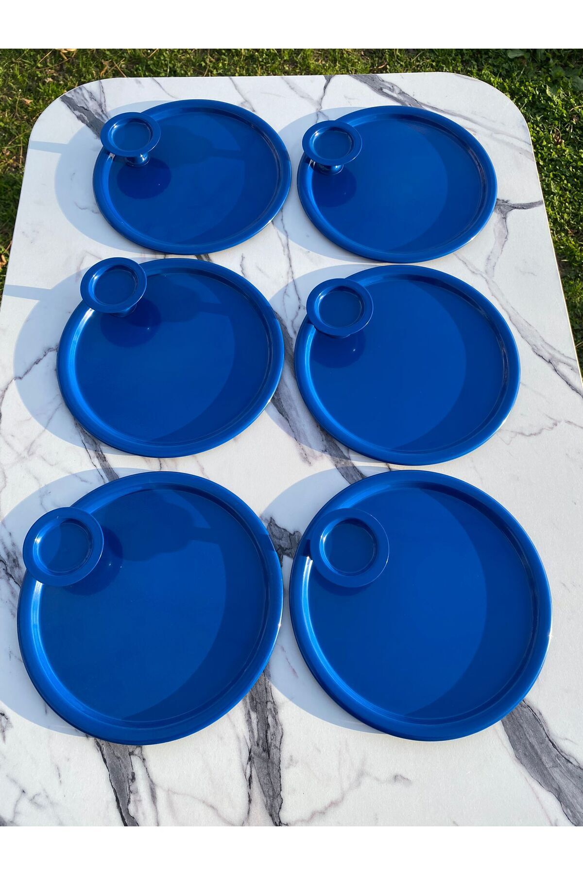 Aslı Hediyelik 2 Model 6'lı Mavi Yuvarlak Tepsi Ve 6'lı Mavi Makaronluk Kahve Ve Pasta Servisi Sunum Tepsisi