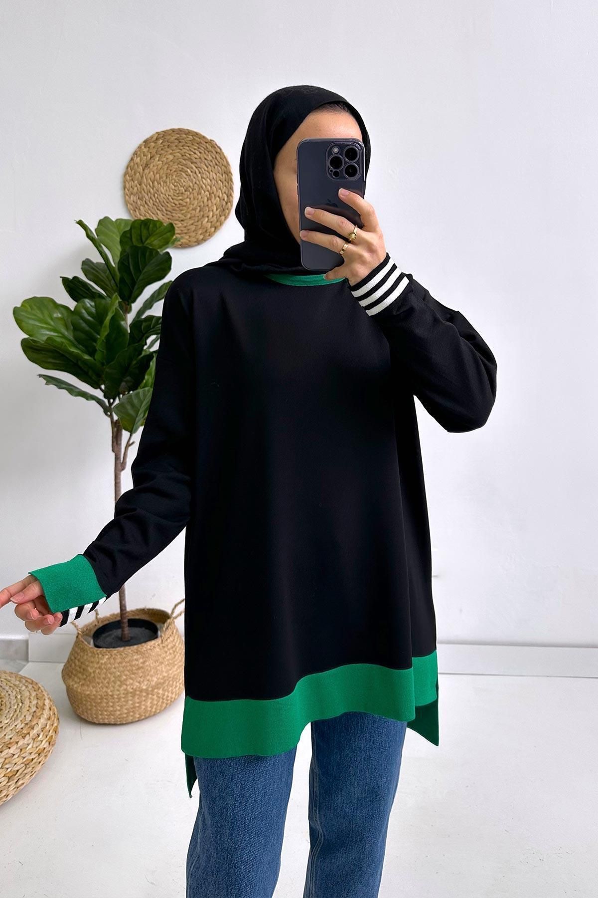 Ka Hijab Renkli Merserize Tunik - Siyah/Yeşil