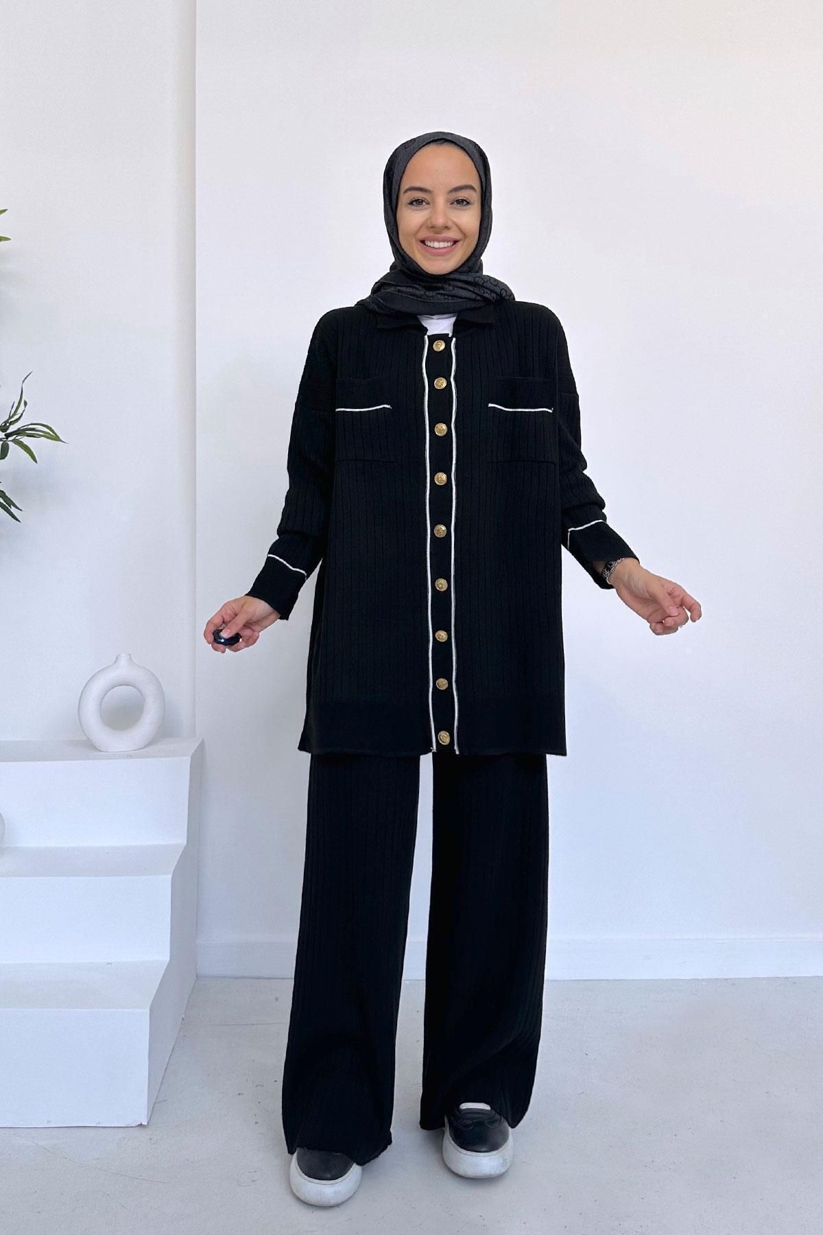 Ka Hijab Gold Düğme Ikili Tesettür Triko Takım - Siyah